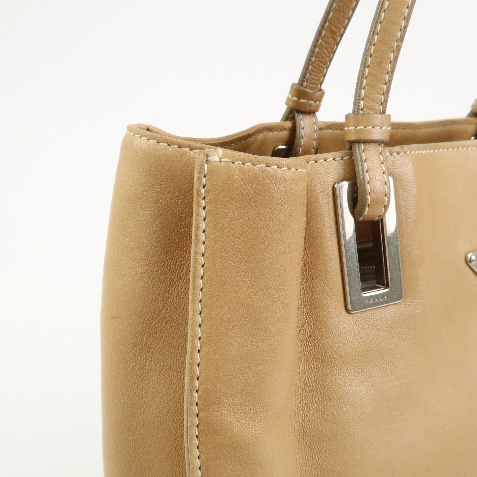 PRADA Triangle Logo Lambskin Tote Bag Shoulder Bag Beige BR1566