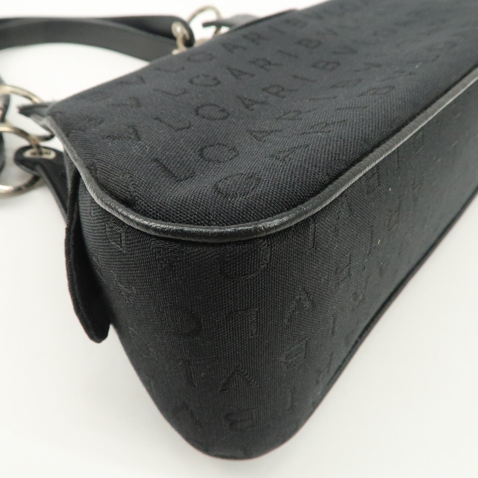 BVLGARI Logo Maniac Canvas Leather Shoulder Bag Black Used