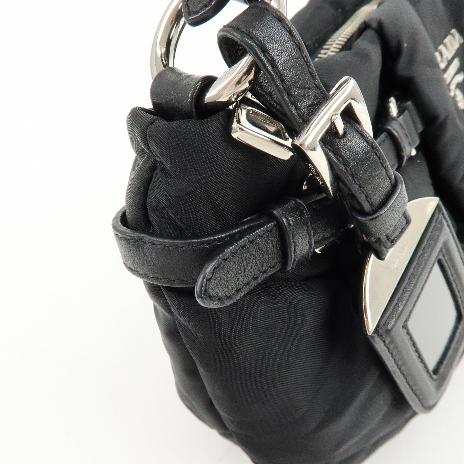 PRADA Logo Nylon Puffy Leather Shoulder Bag Hand Bag Black Silver