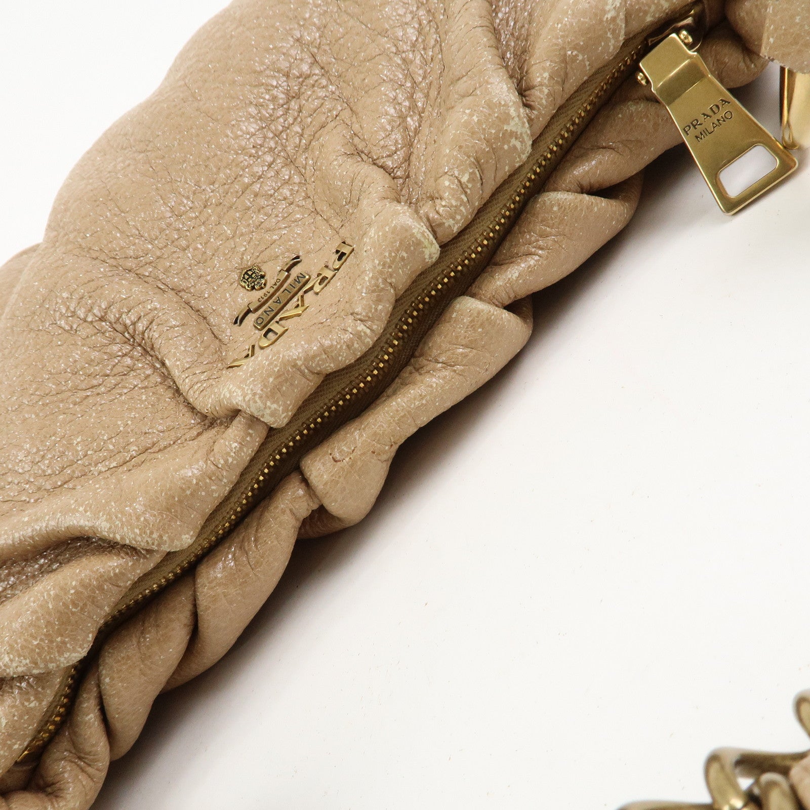 PRADA Logo Leather Chain Shoulder Bag Hand Bag Beige