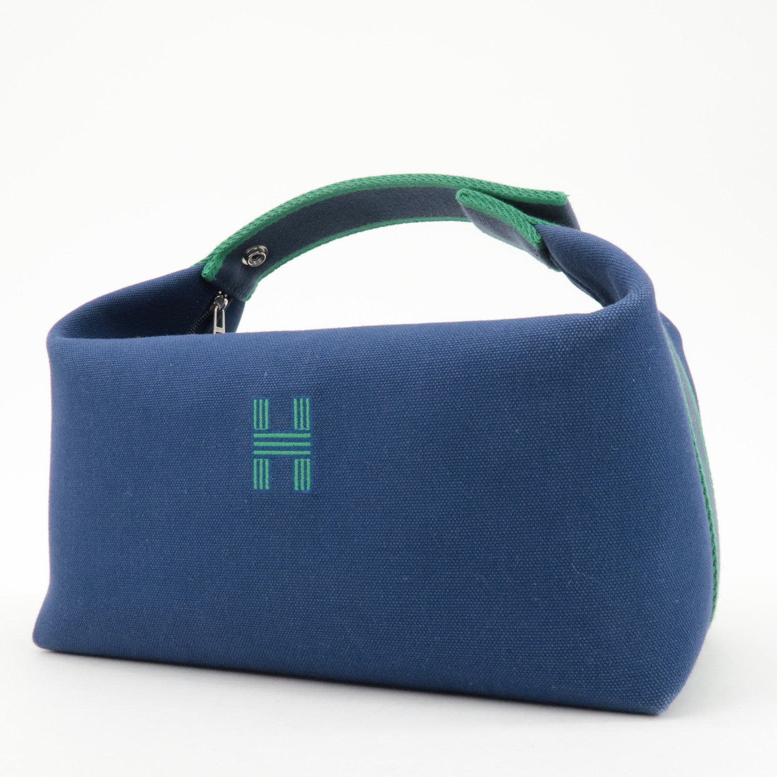 HERMES Canvas Bride A Brac GM Hand Bag Cosmetic Pouch Green Navy Used
