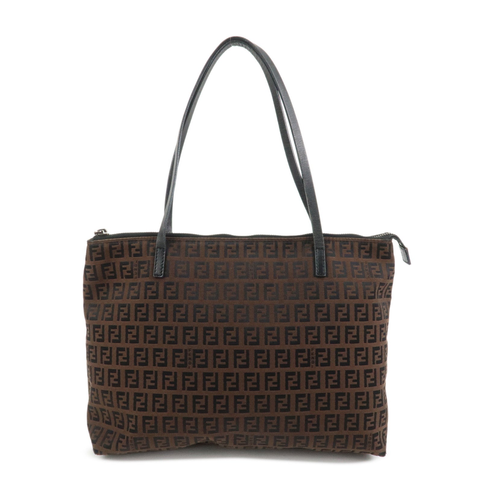 FENDI Zucchino Canvas Leather Tote Bag Brown Black 8BH023