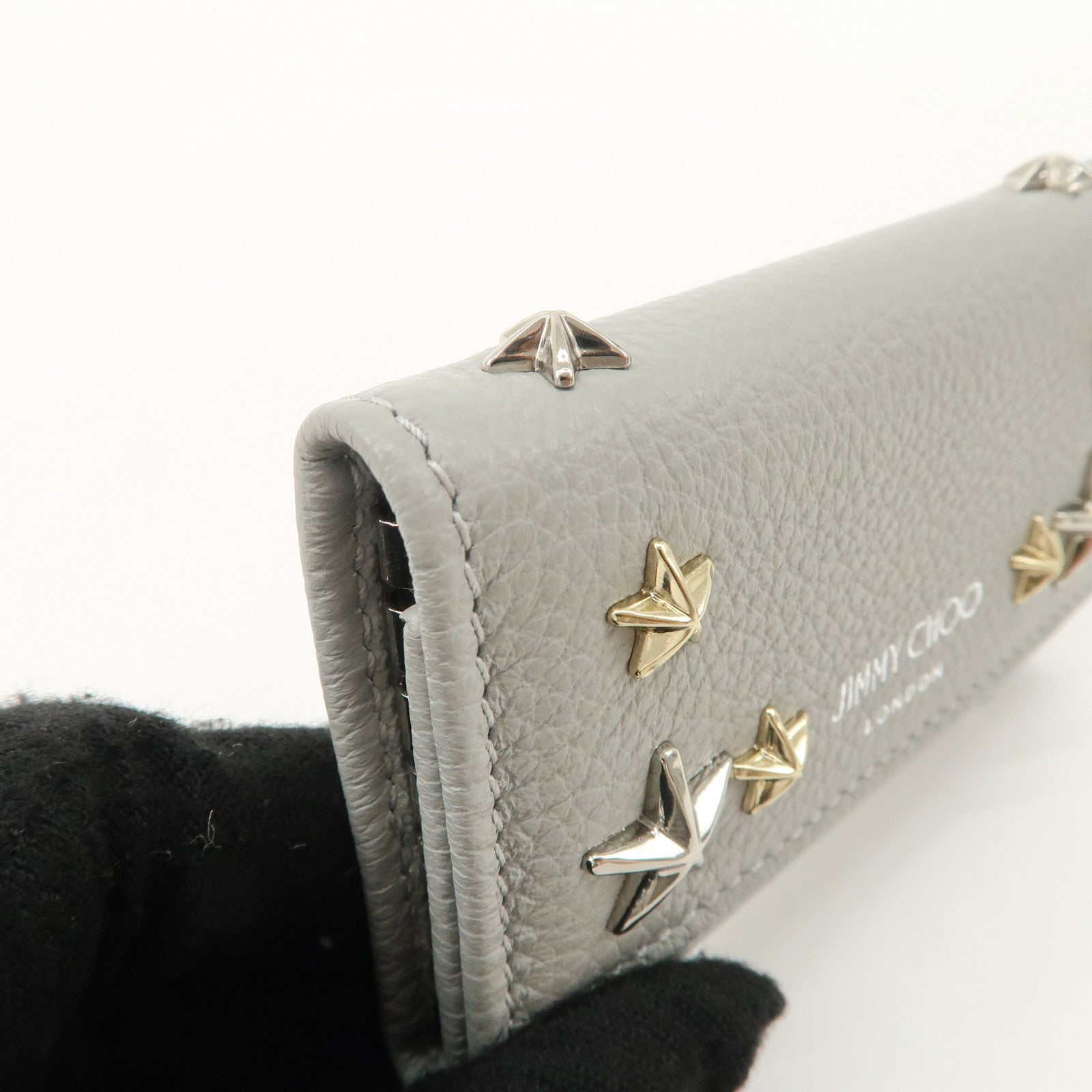 JIMMY CHOO Neptune Leather Studs Key Case Gray Silver Gold 101953 Used