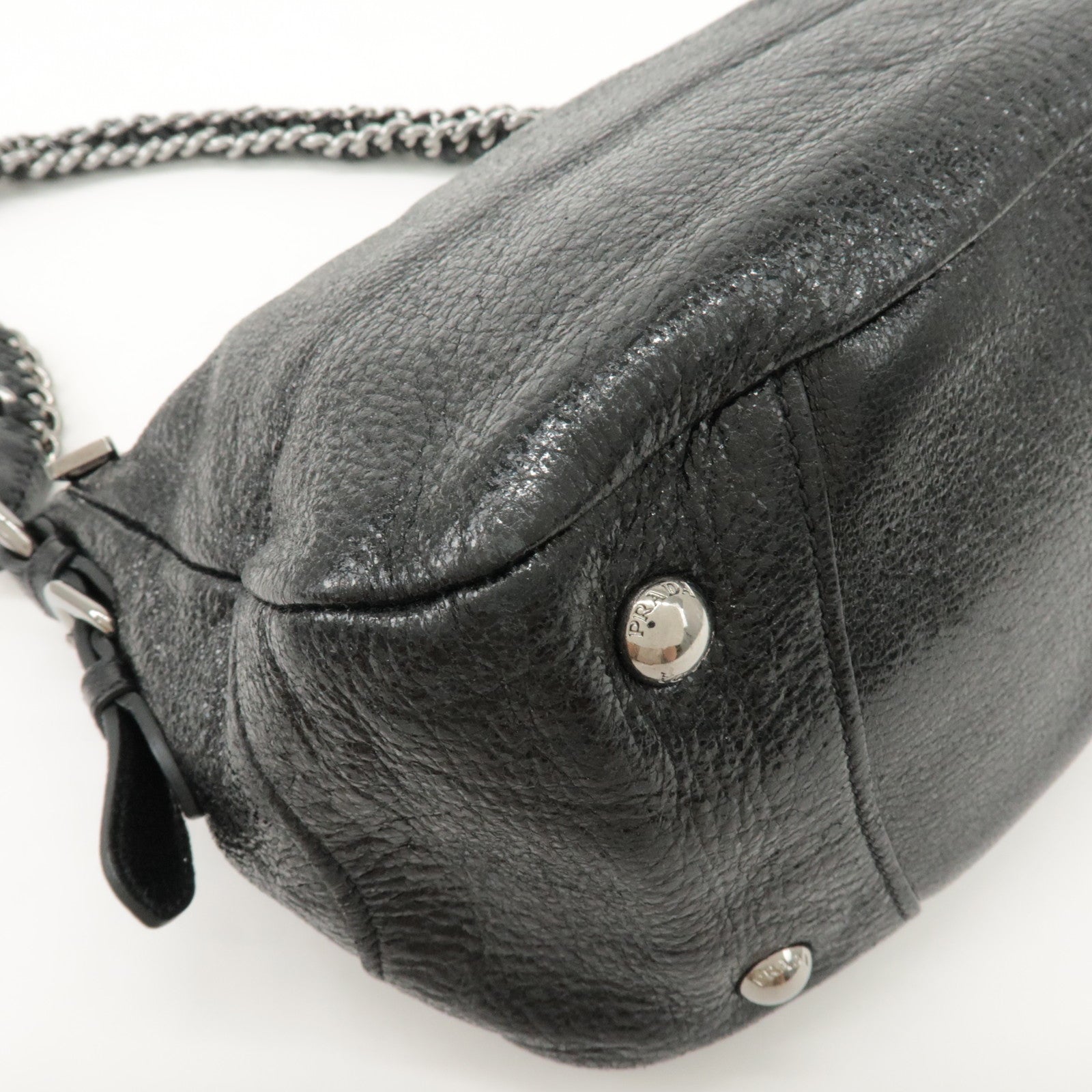 PRADA Logo Leather Chain Shoulder Bag Hand Bag Black BR4370 Used