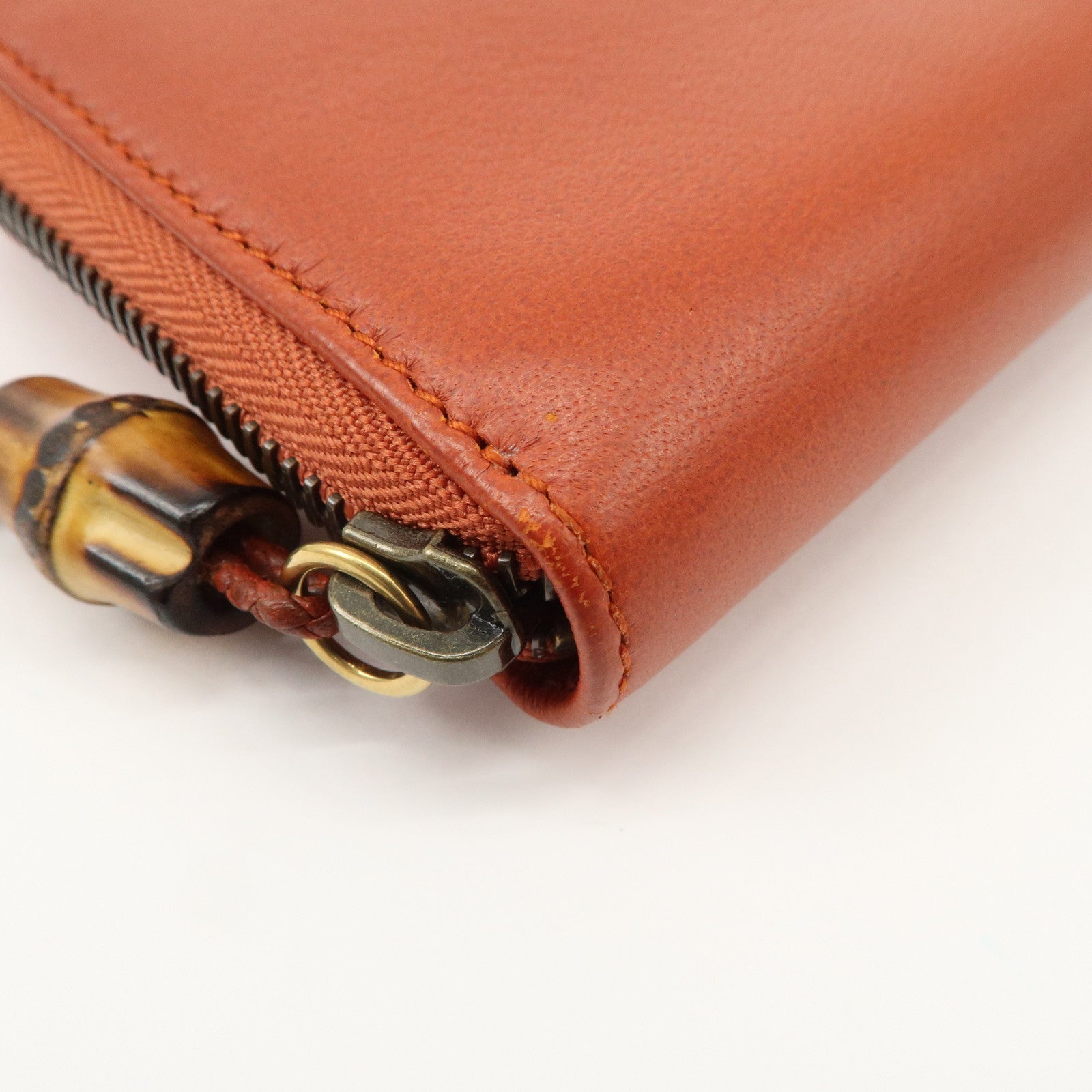 GUCCI Bamboo Leather Long Round Zippy Wallet Orange 339178 Used