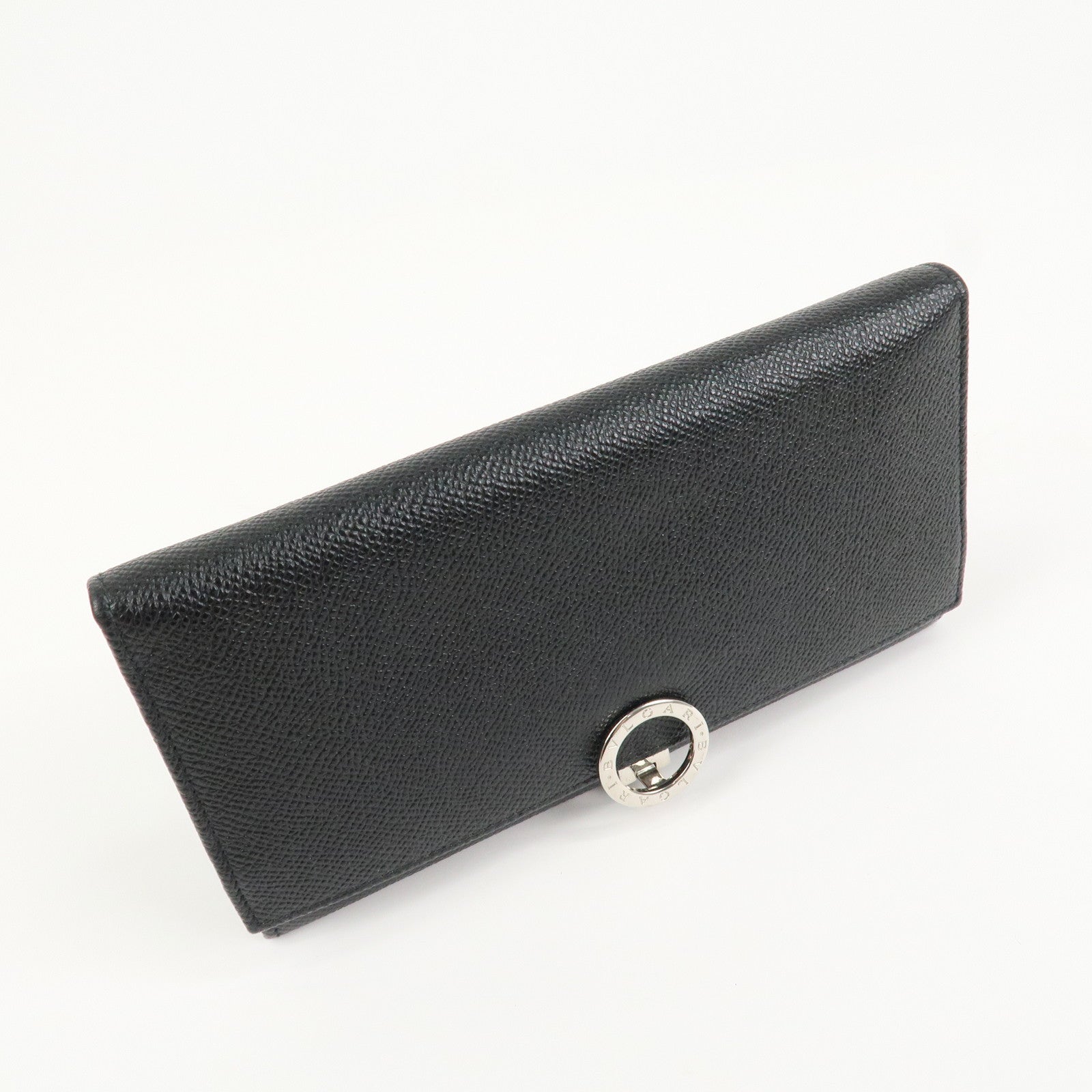 BVLGARI Logo Leather Bi-fold Long Wallet Black Silver