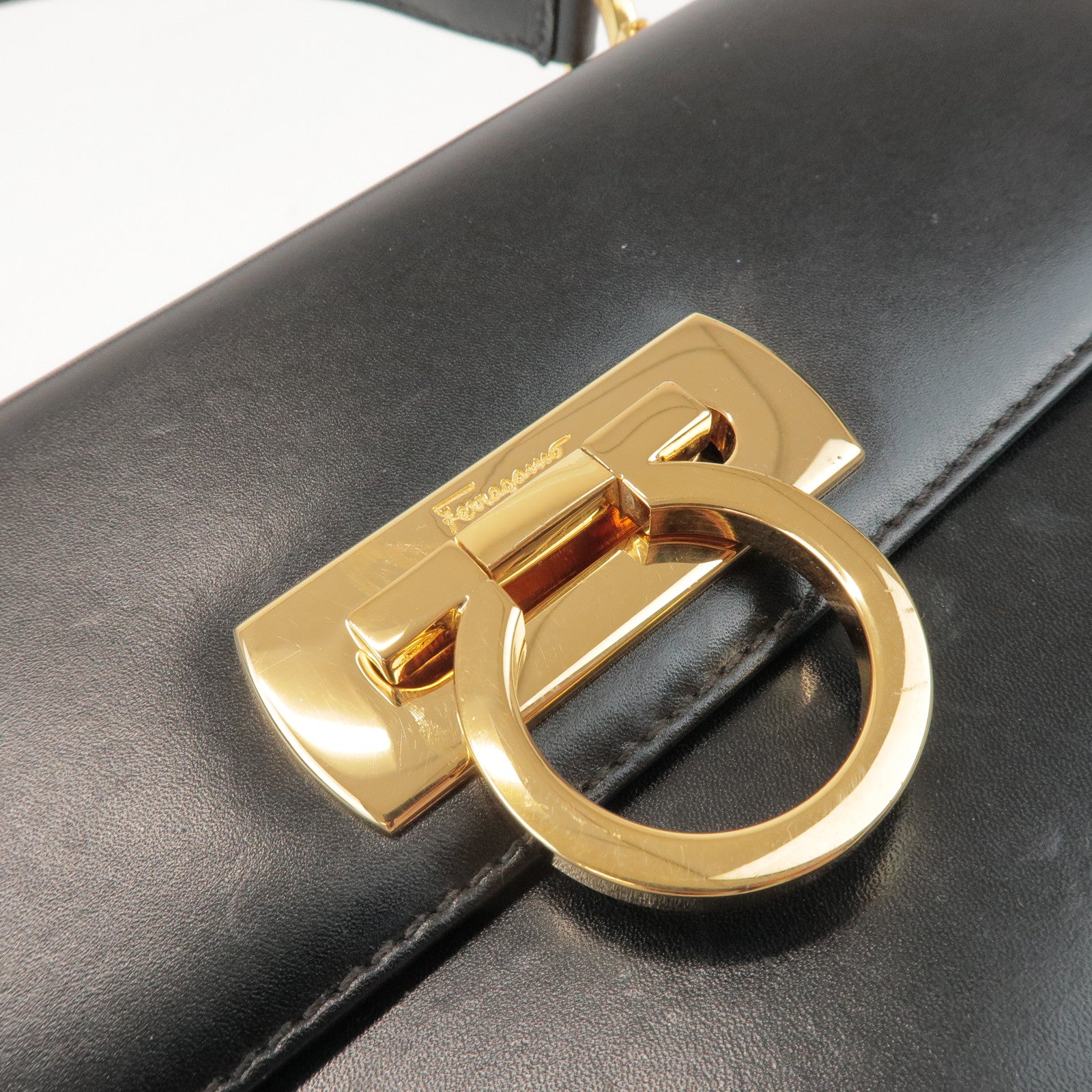 Ferragamo Gancini Calf Leather 2Way Bag Hand Shoulder Bag Black