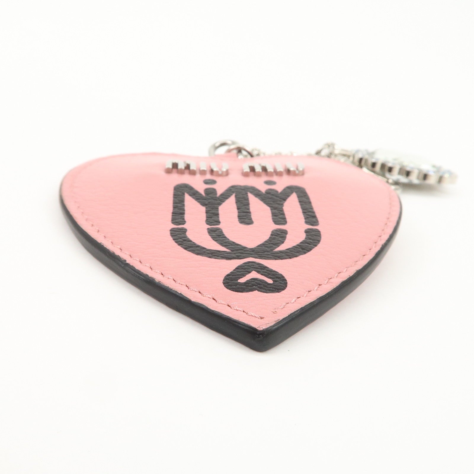 MIU MIU Leather Heart Motif Mirror Bag Charm Key Chain Pink 5TL376