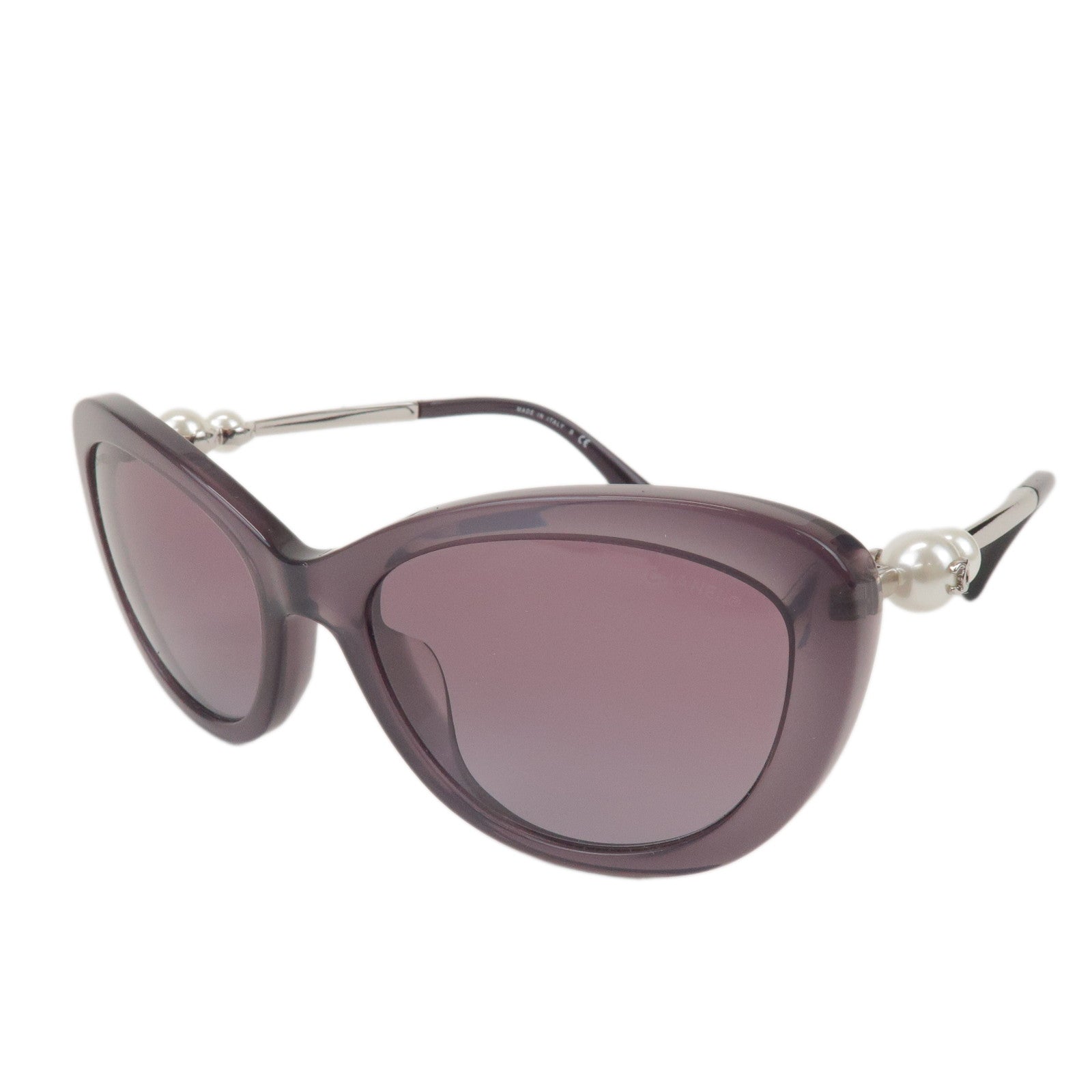 CHANEL Plastic Faux Pearl Cat-Eye Sunglasses 55□19 Purple 5340-H-A