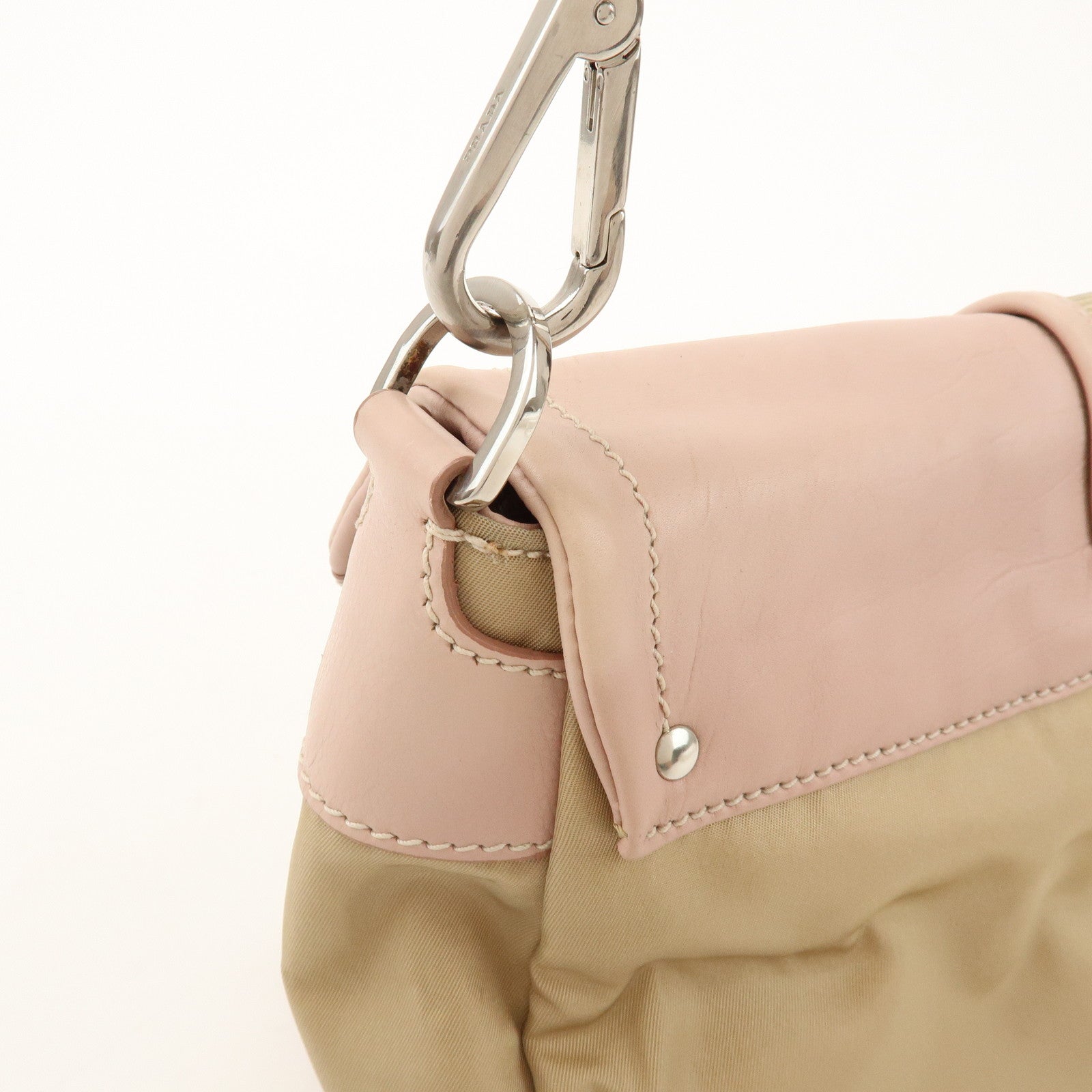 PRADA Triangle Logo Nylon Leather Shoulder Bag Beige Pink BR2417