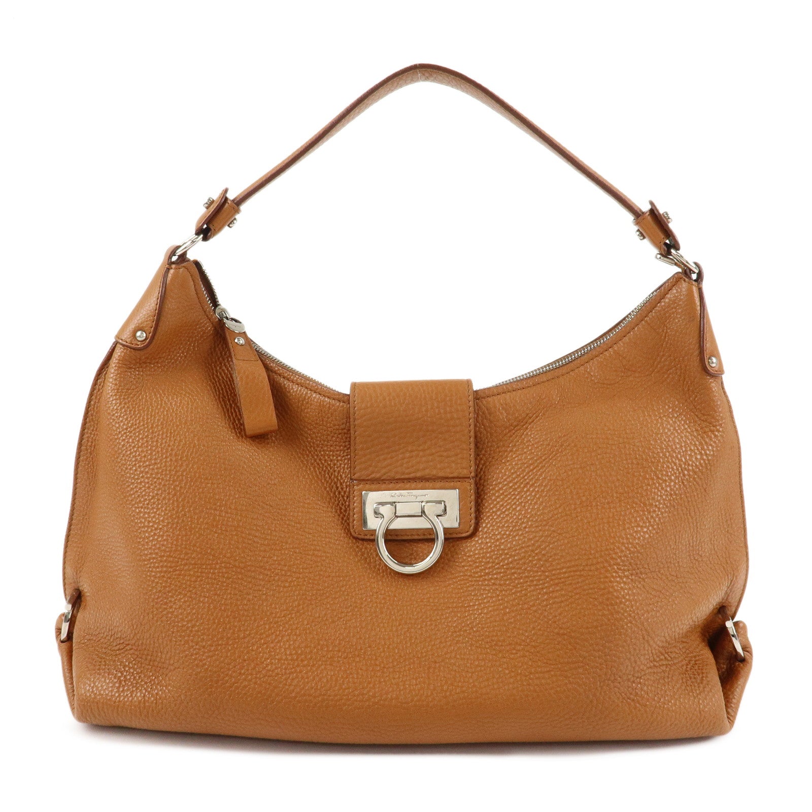 Ferragamo Gancini Leather Shoulder Bag Brown Silver Hardware Used