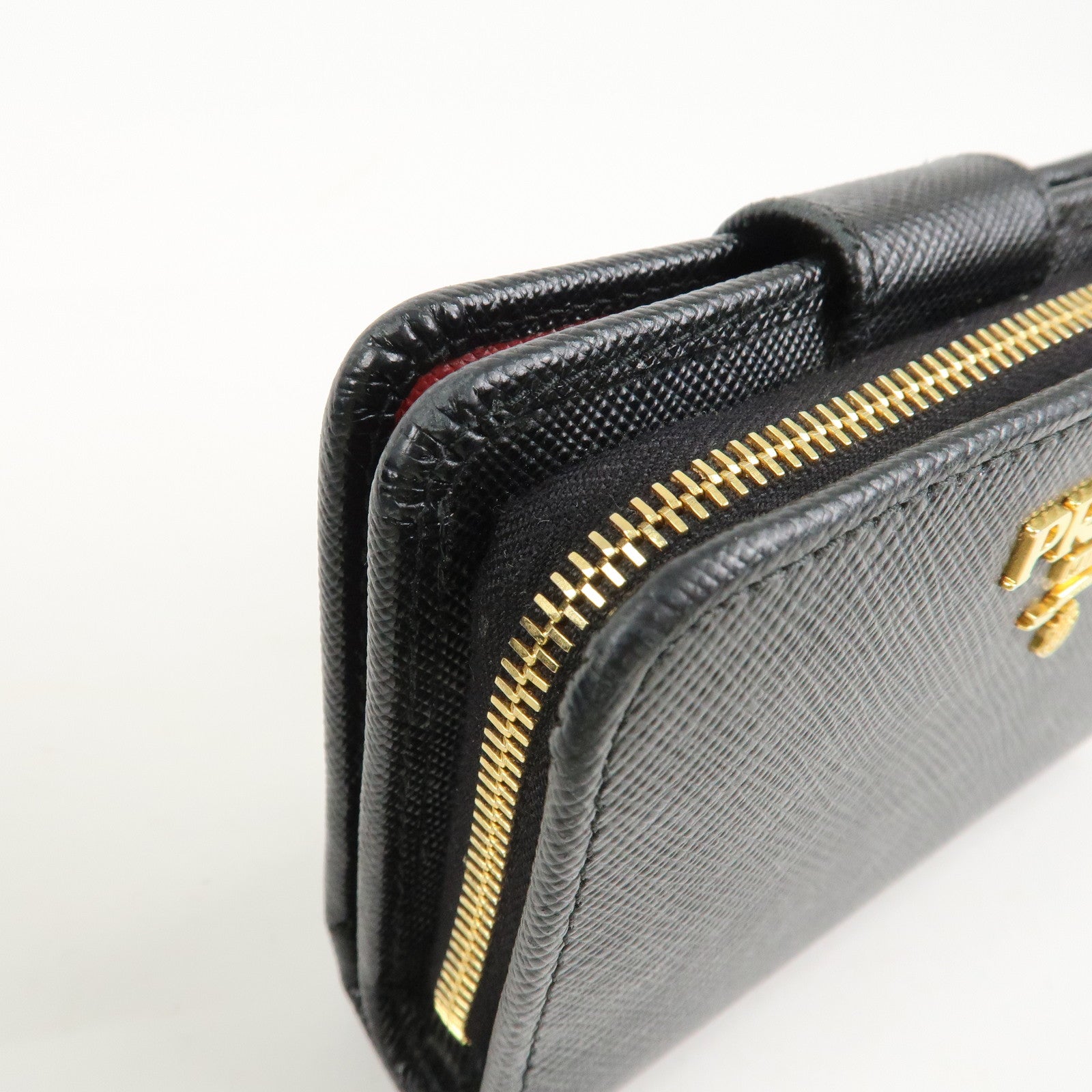 PRADA Saffiano Leather Bi-Fold Wallet Black Red Gold 1ML018 Used