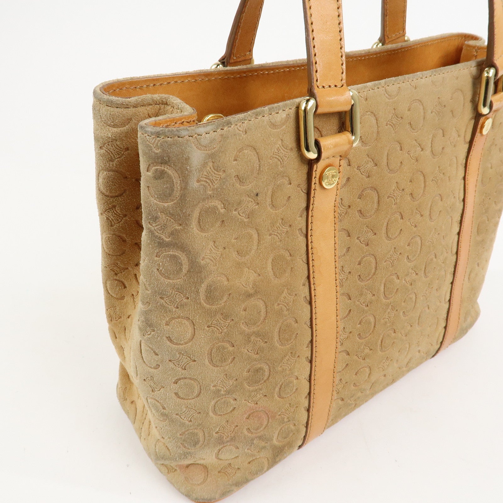 CELINE C Macadam Suede Leather Hand Bag Tote Bag Brown Gold HDW