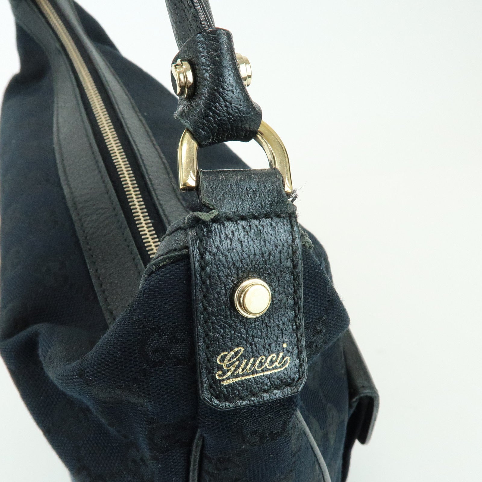 GUCCI GG Canvas Leather Front Pocket Shoulder Hand Bag Black 153025
