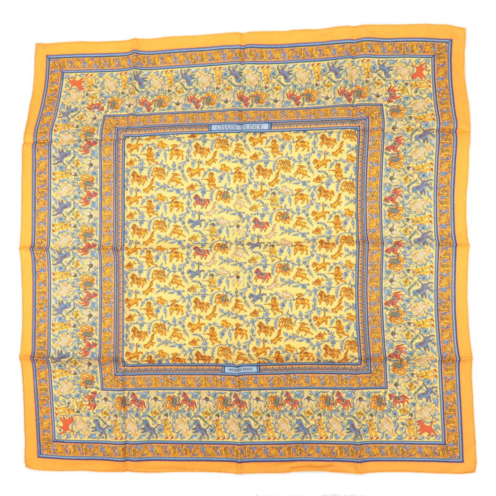 HERMES Carre 90 Silk 100% Scarf CHASSE EN INDE Orange Multicolor Used