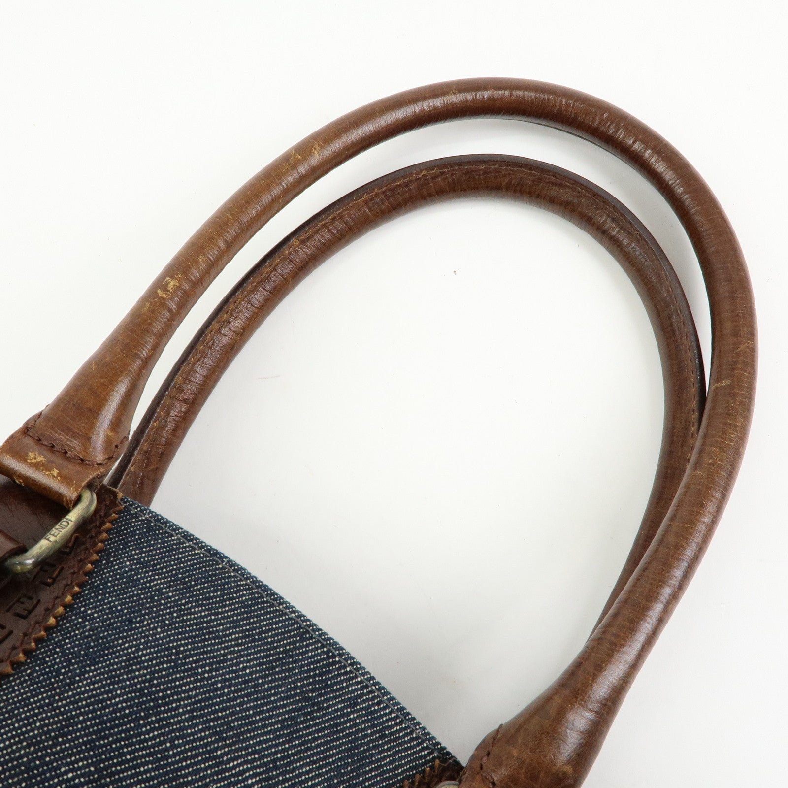 FENDI Etnico Denim Leather Tote Bag Shoulder Bag Blue Brown 8BN157