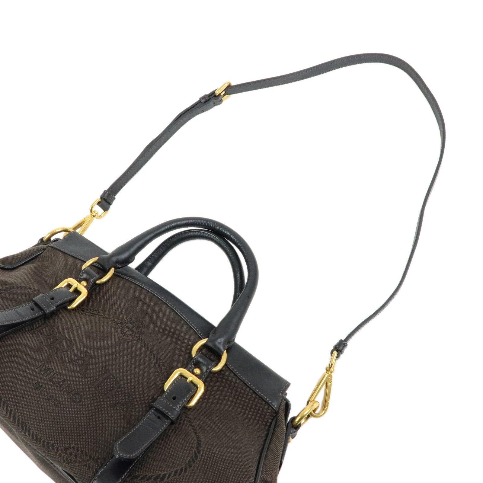 PRADA Logo Jacguard Leather 2Way Bag Hand Bag Shoulder Bag Brown