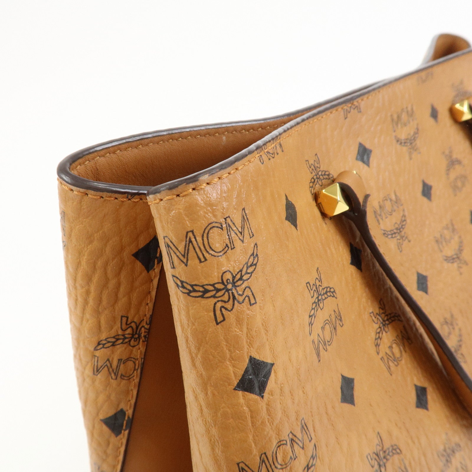 MCM Visetos PVC Leather 2Way Bag Hand Shoulder Bag Studs Cognac