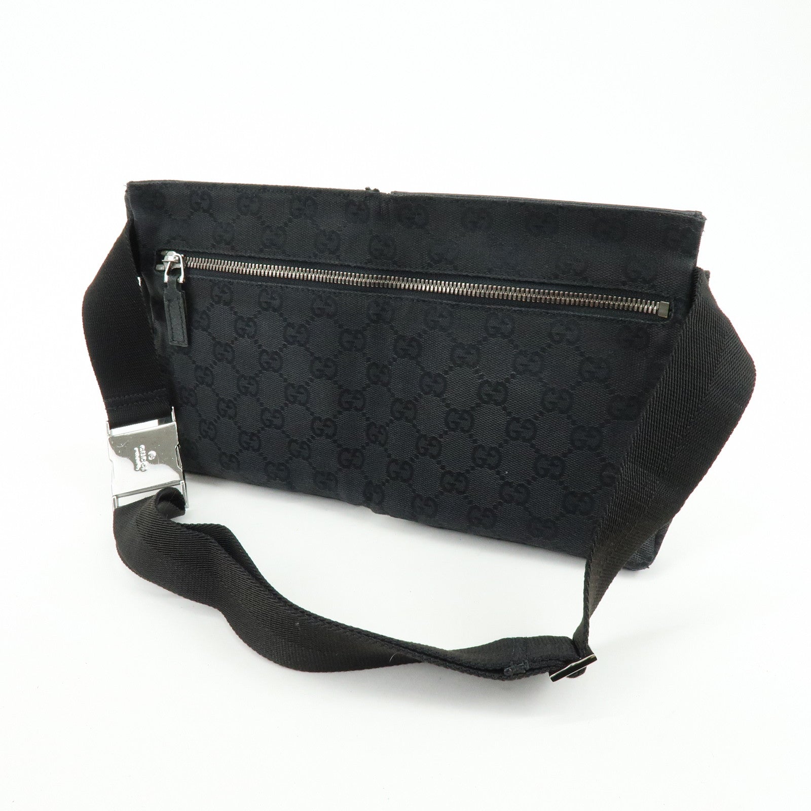 GUCCI GG Canvas Leather Waist Bag Crossbody Bag Black 28566