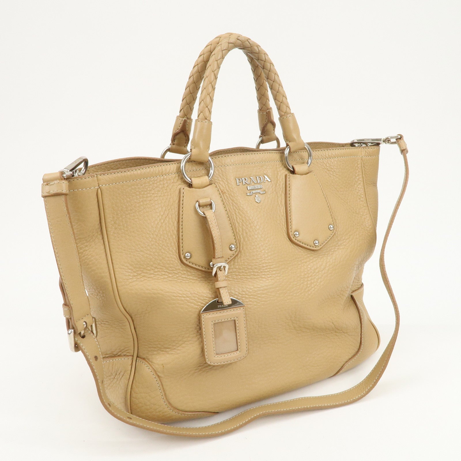 PRADA Logo Leather 2Way Bag Hand Bag Shoulder Bag Beige BN1364