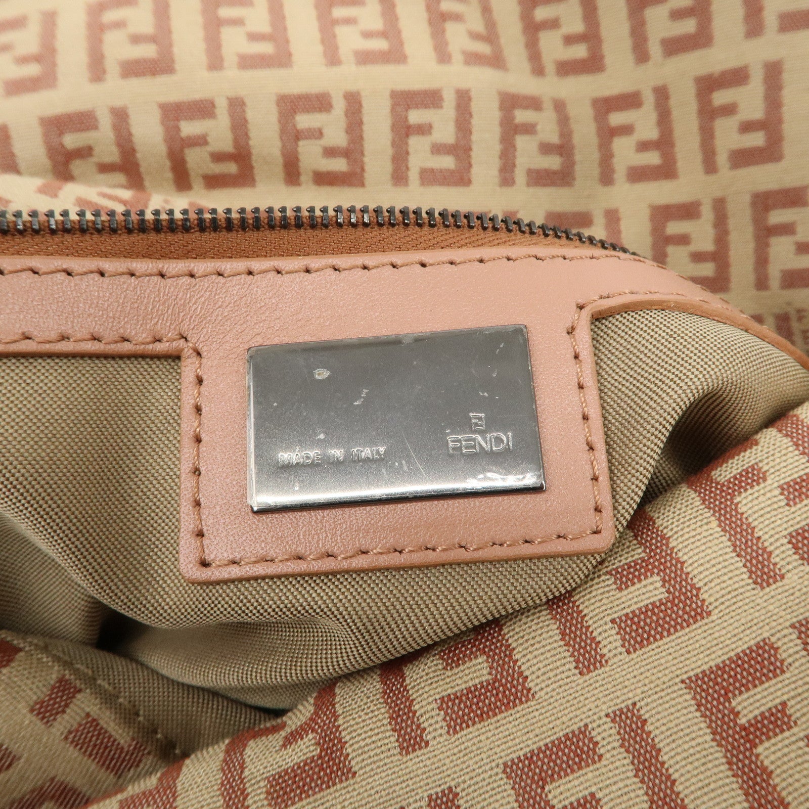 FENDI Mamma Baguette Zucchino Canvas Leather Pink Beige 8BR003 Used