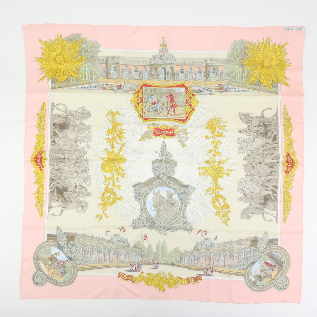 HERMES Carre 90 Silk 100% Scarf SANSSOUCY Pink White