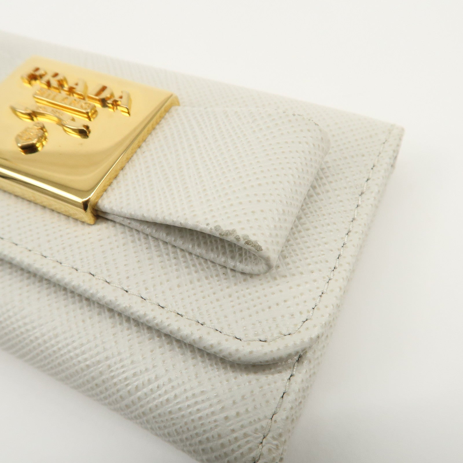 PRADA Ribbon Saffiano Leather Key Case Key Holder White