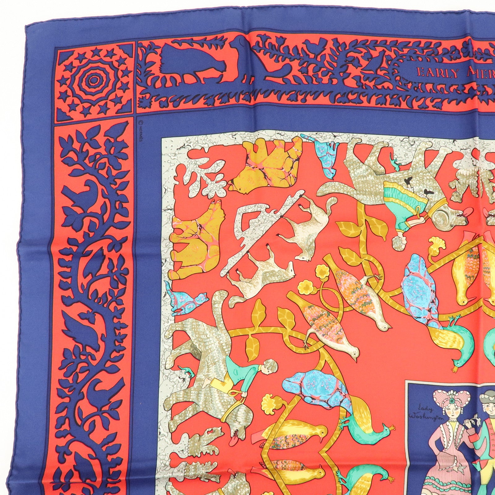 HERMES Carre 90 Silk 100% Scarf EARLY AMERICA Navy Red Brown