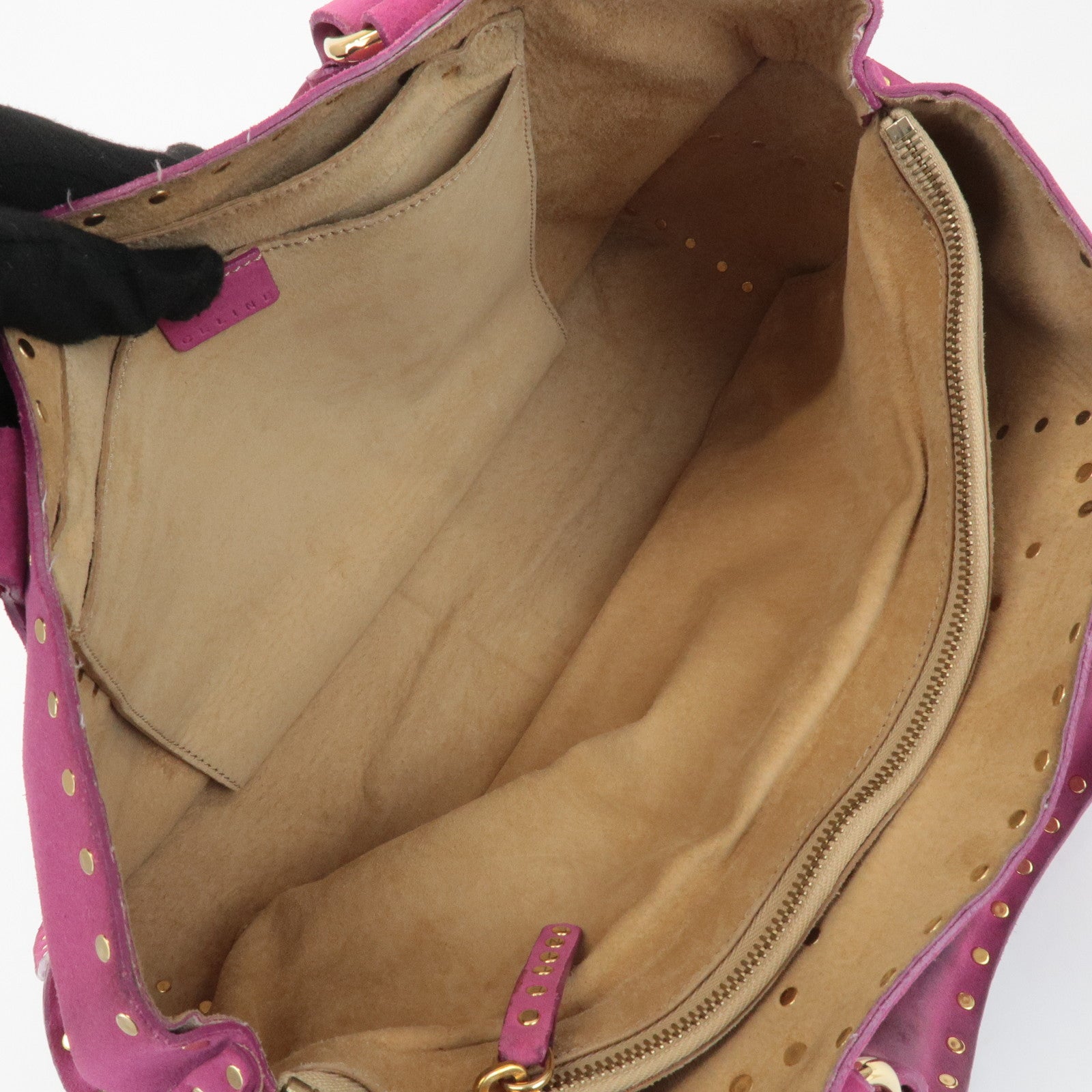 CELINE Suede Leather Studs Buggy Bag Hand Bag Pink Gold