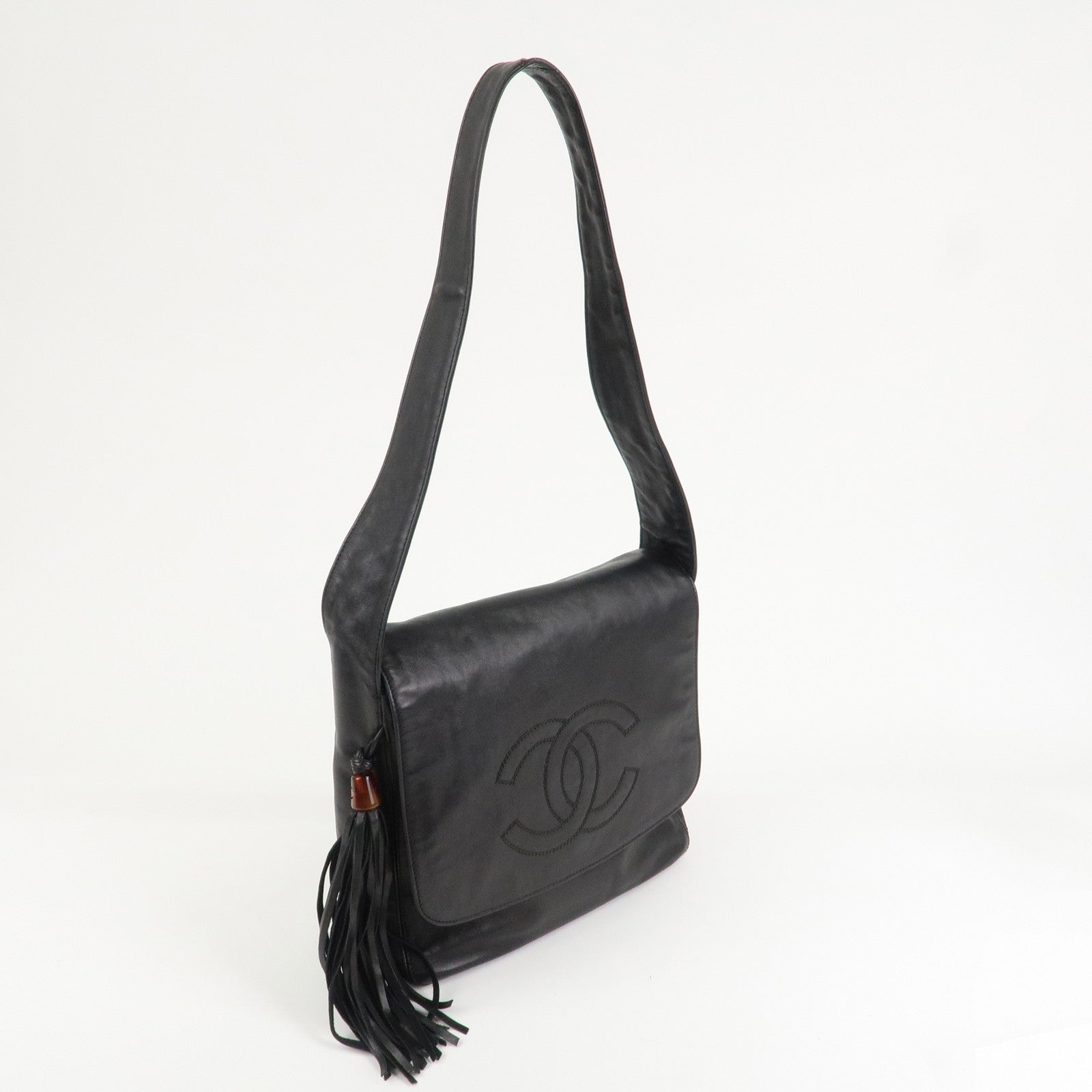 CHANEL COCO Mark Lamb Skin Shoulder Bag Hand Bag Tassel Black