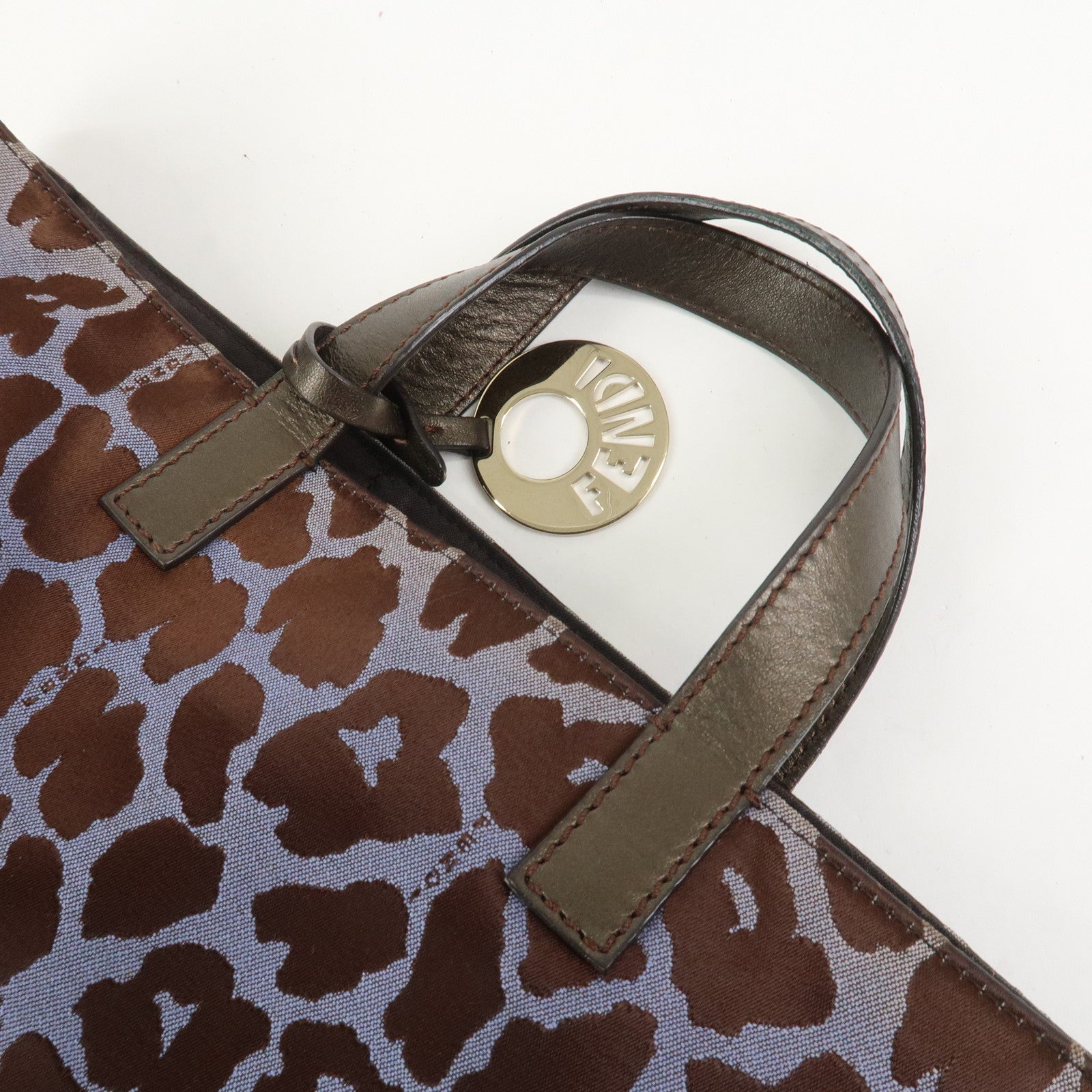 FENDI Leopard Canvas Satin Leather Tote Bag Hand Bag Blue 8BH173