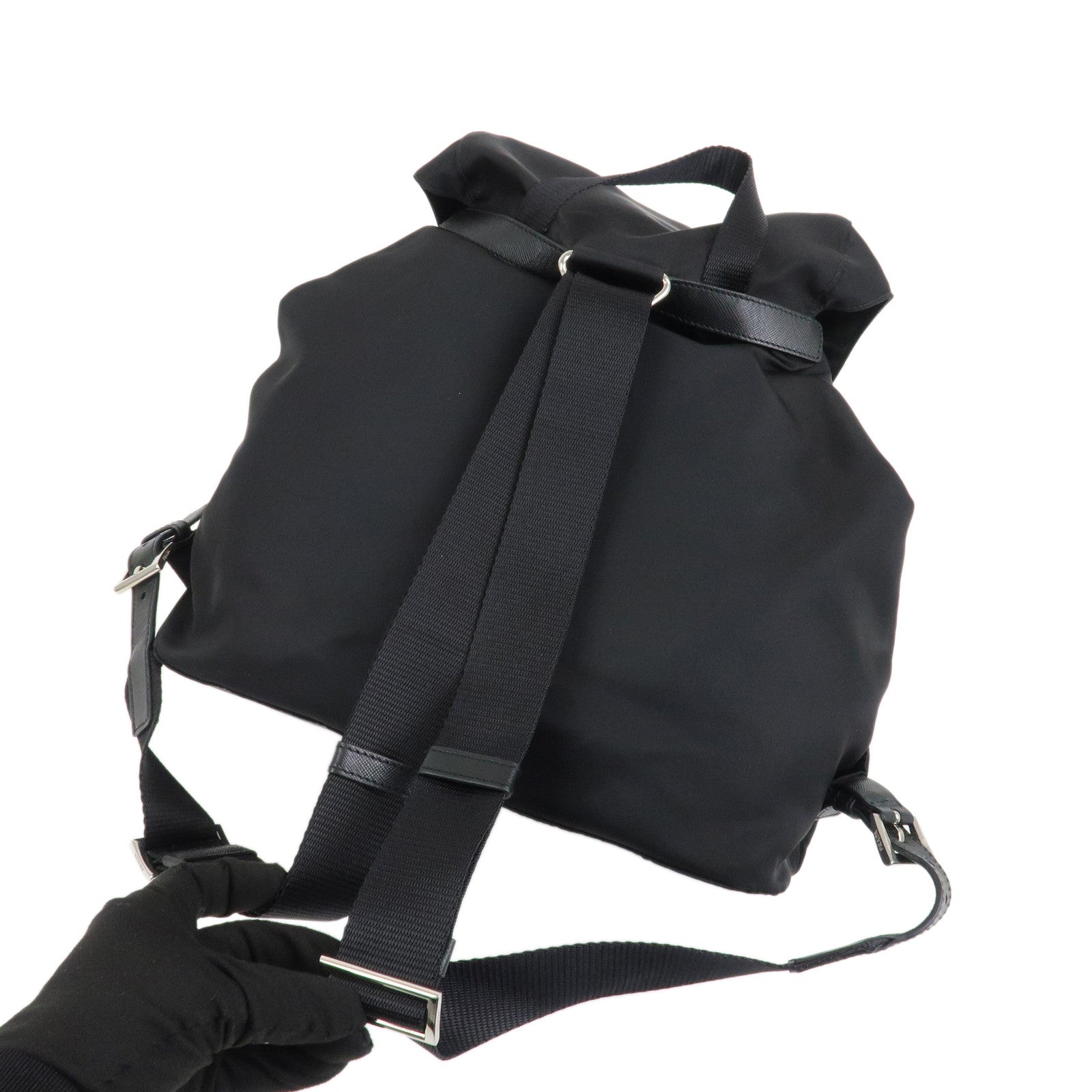PRADA Triangle Logo Leather Nylon Backpack Rucksack Black B6677