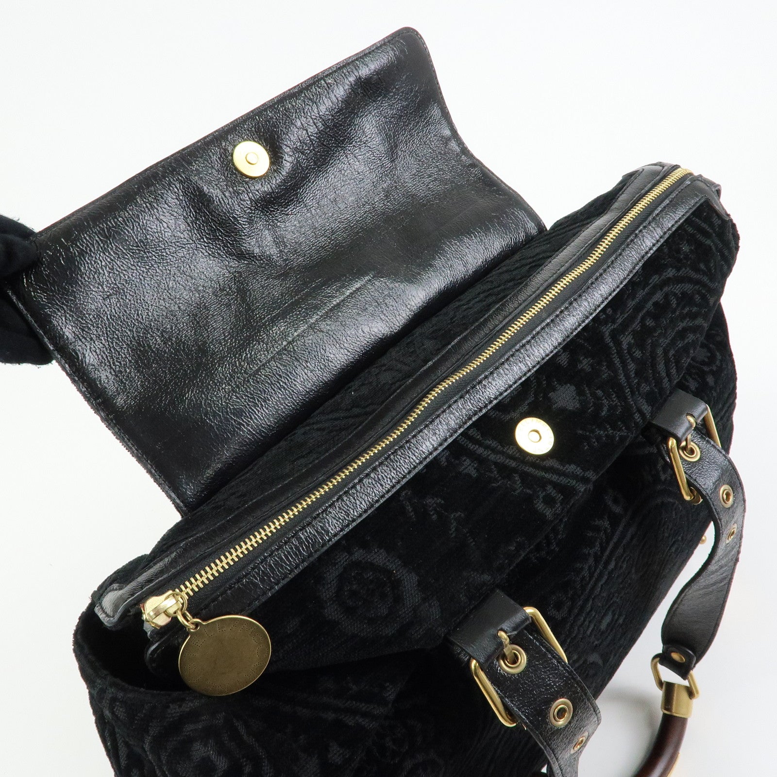 STELLA MCCARTNEY Canvas Leather Tote Hand Bag Paisley Pattern Black