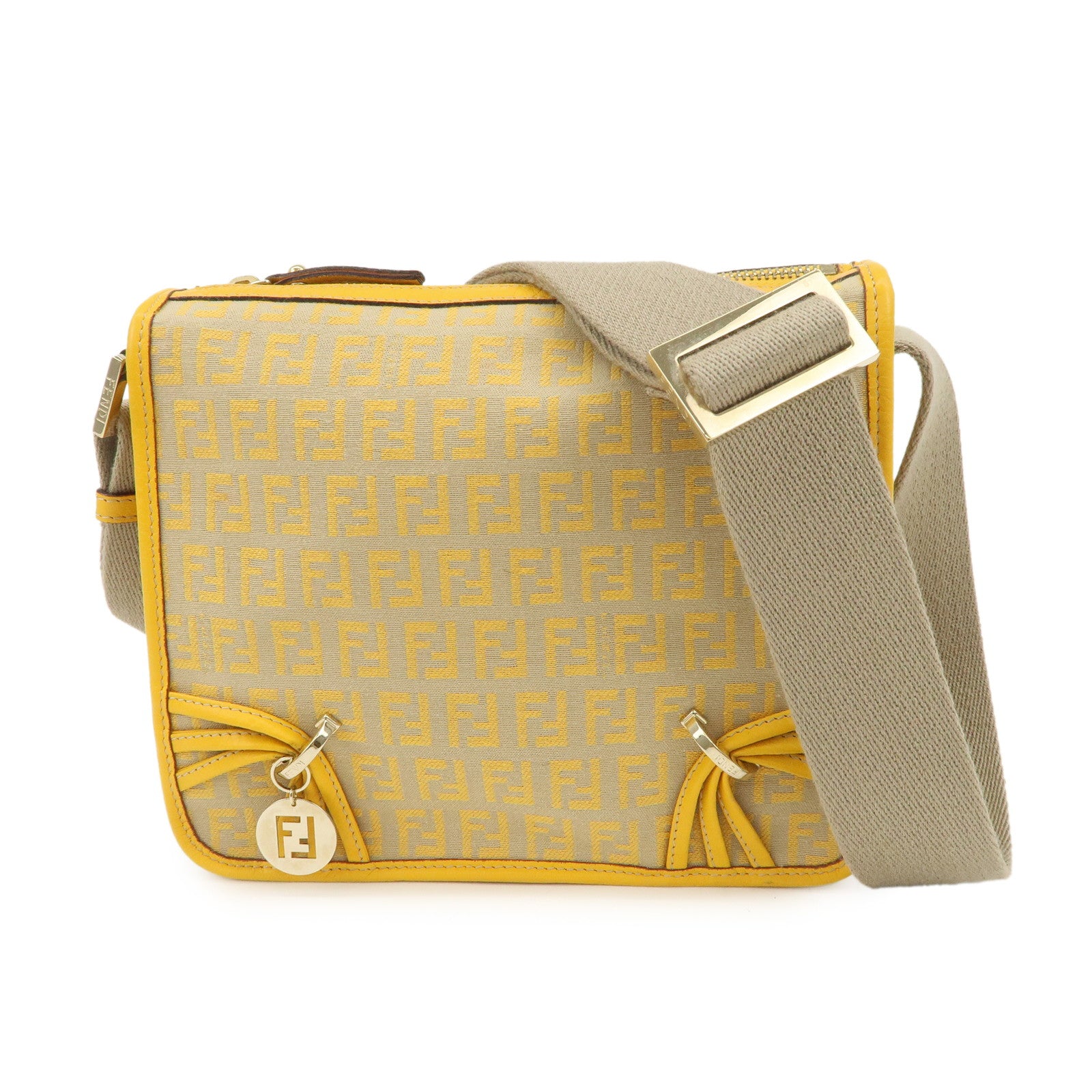 FENDI Zucchino Canvas Leather Shoulder Bag Beige Yellow 8BT089