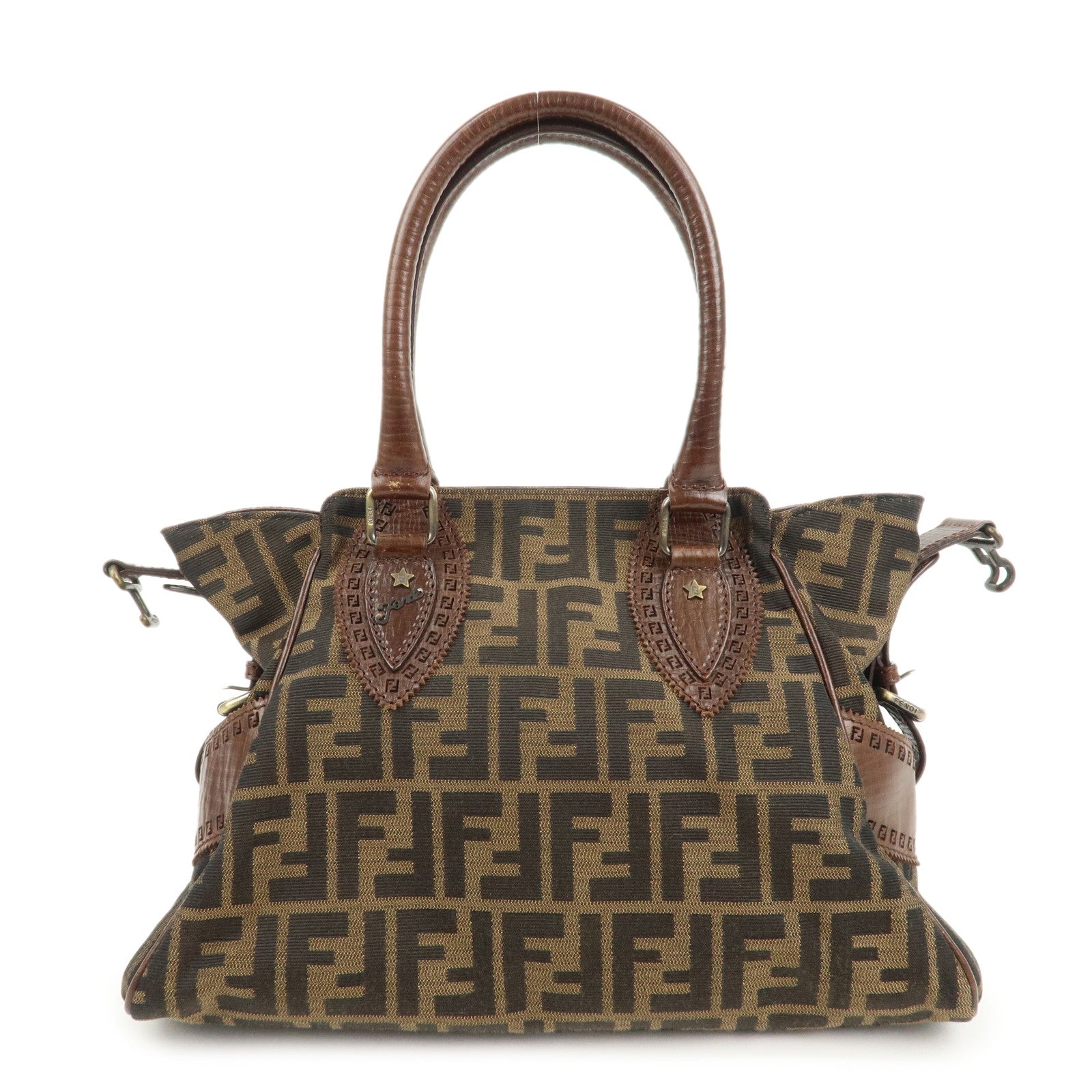 FENDI Ethnico Zucca Canvas Leather Shoulder Bag Brown 8BN157