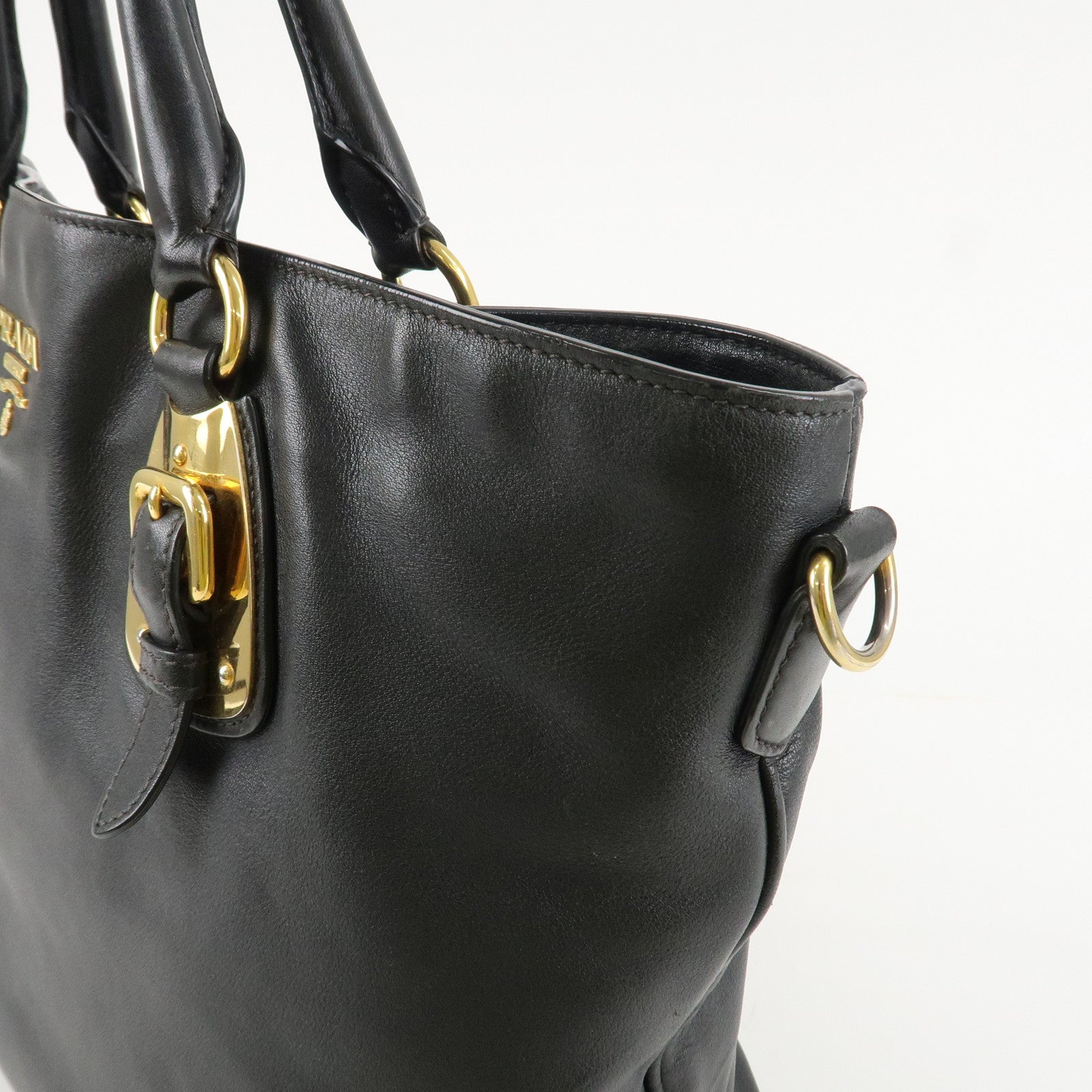 PRADA Logo Calf Leather 2Way Tote Bag Hand Bag Black Gold HDW BN1902 Used