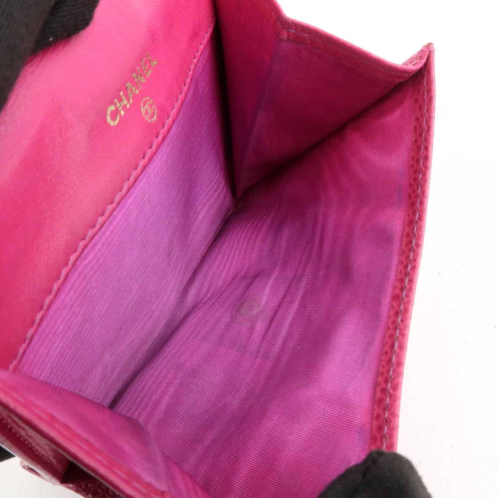 CHANEL COCO Mark Caviarskin Double Hook Bi-fold Wallet Pink