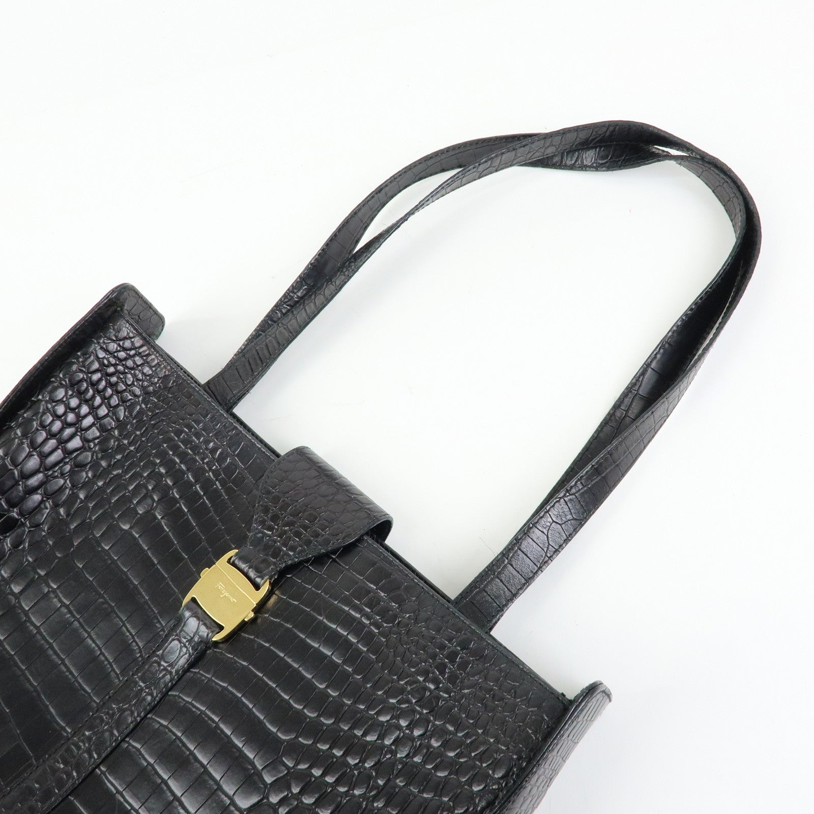 Ferragamo Vara Embossed Leather Tote Bag Shoulder Bag Black