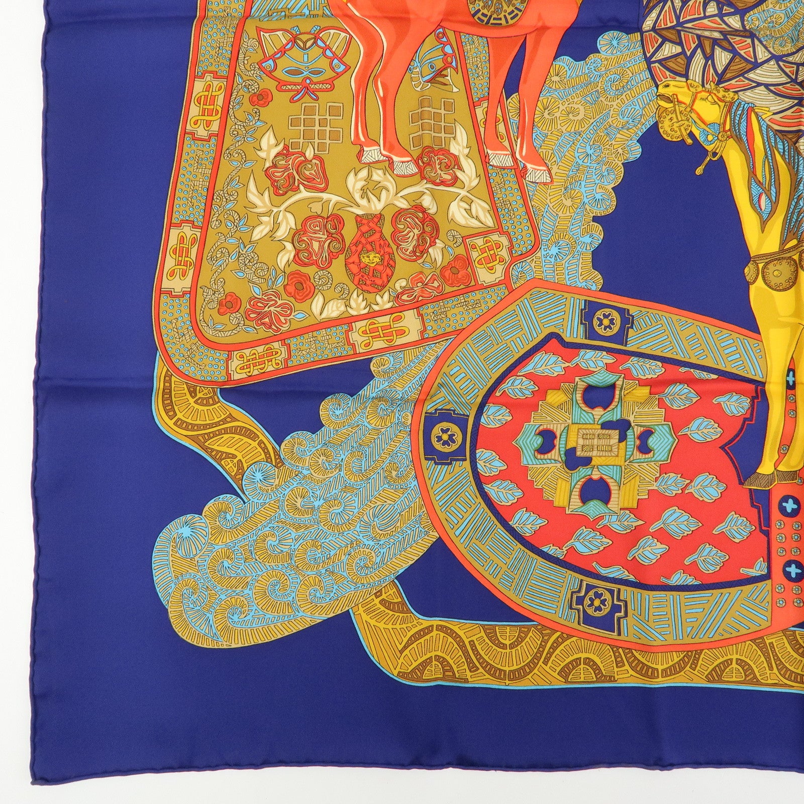 HERMES Carre 90 Silk 100% Scarf ART des STEPPES Horse Print Navy