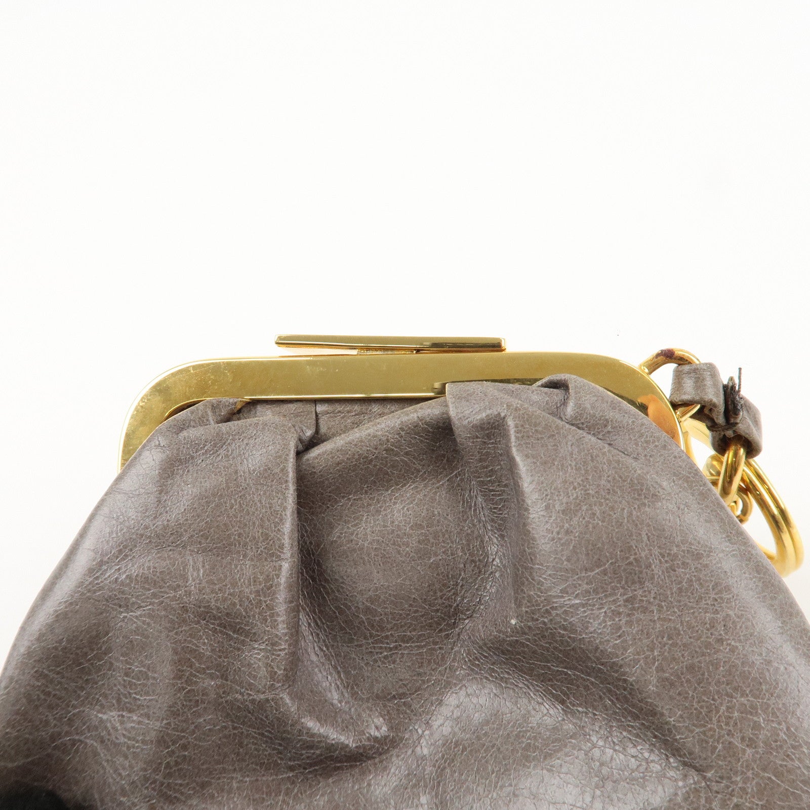 MIU MIU Logo Leather Kiss Lock Coin Case Gray Gold HDW Used