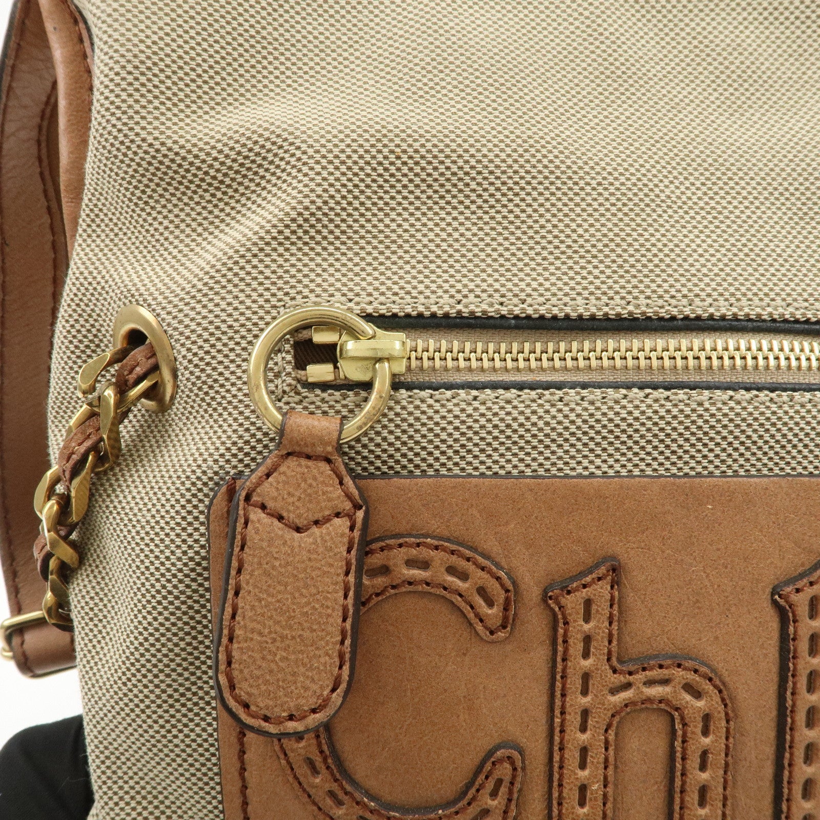 Chloe Leather Canvas Shoulder Bag Crossbody Bag Beige Brown Khaki