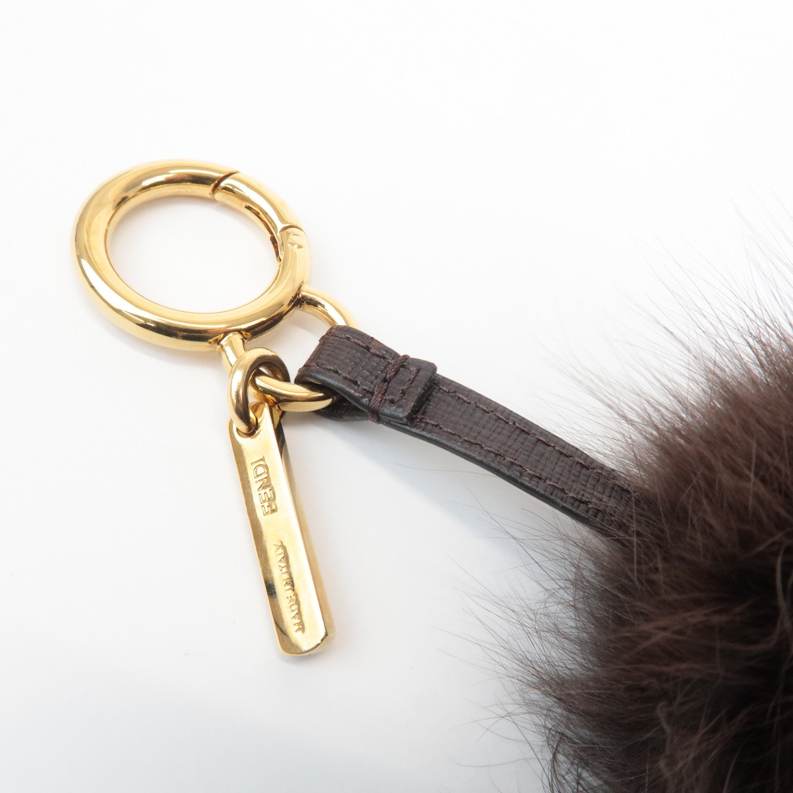 FENDI Fur Pom Pom Bag Charm Key Chain Brown Used