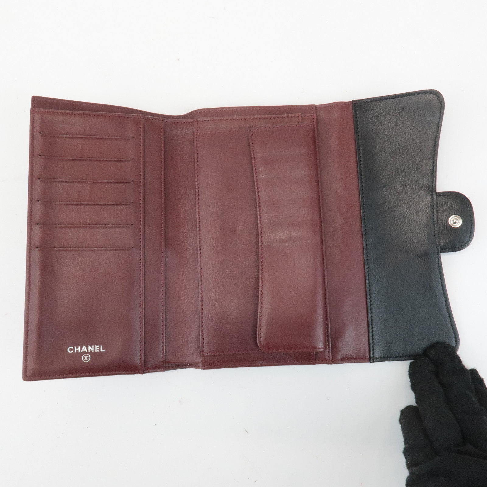 CHANEL Matelasse Lamb Skin Tri-Fold Long Wallet Black A31506 Used