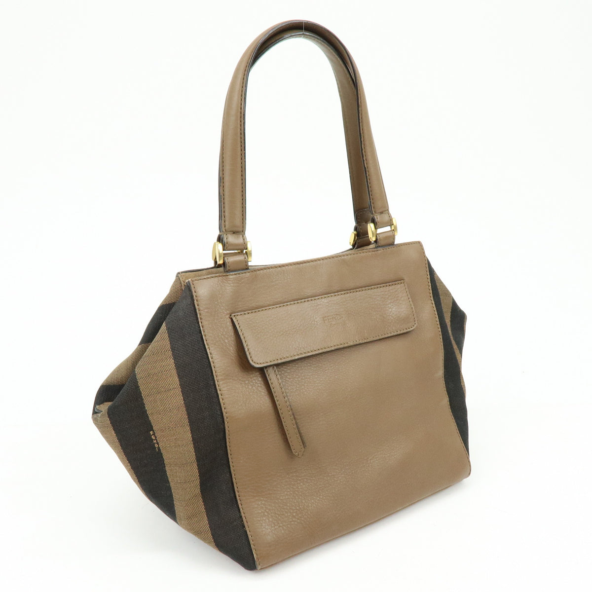 FENDI Pequin Leather Canvas Suede Tote Bag Hand Bag Brown 8BN251