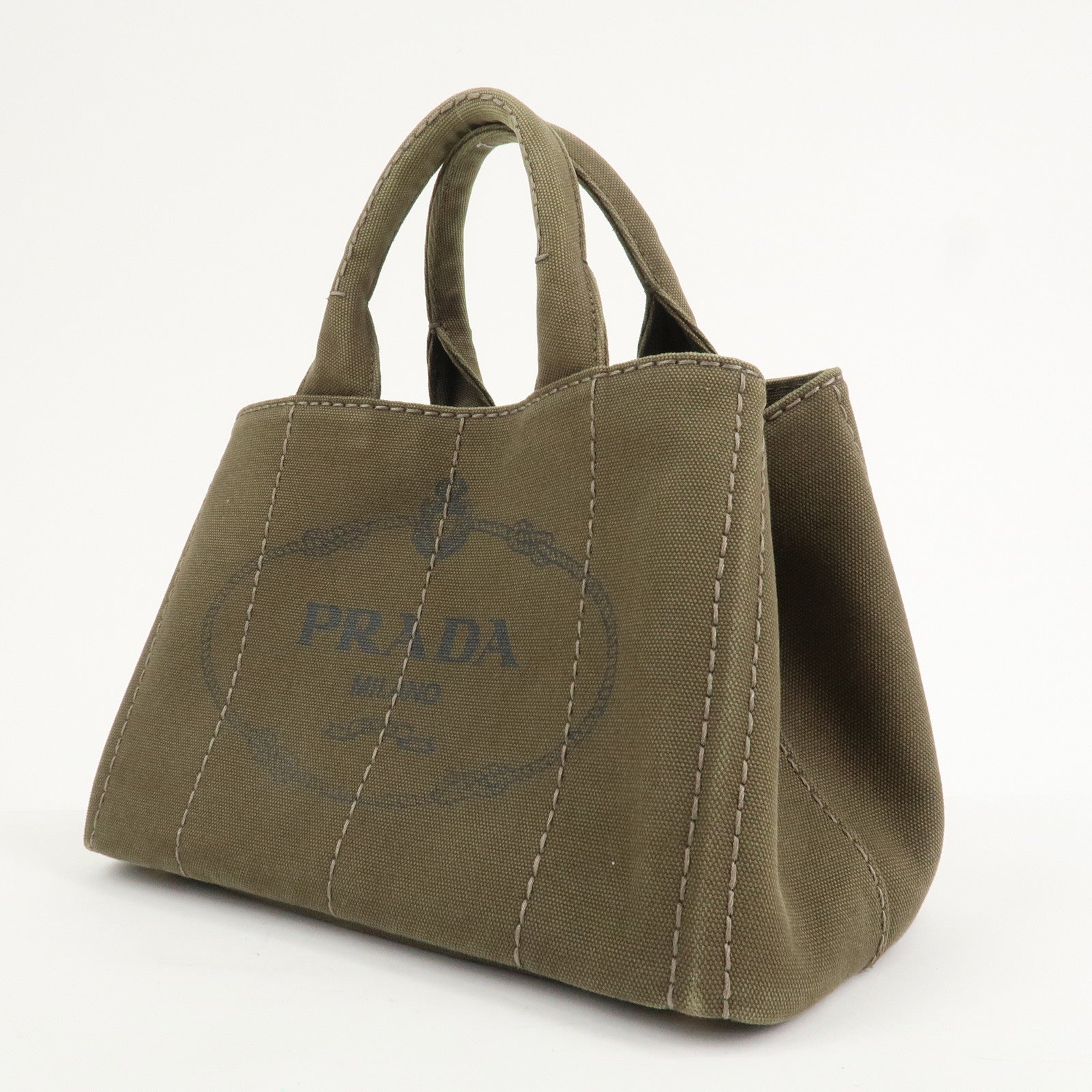 PRADA Logo Canapa Mini Canvas Tote Bag Hand Bag Khaki BN2439
