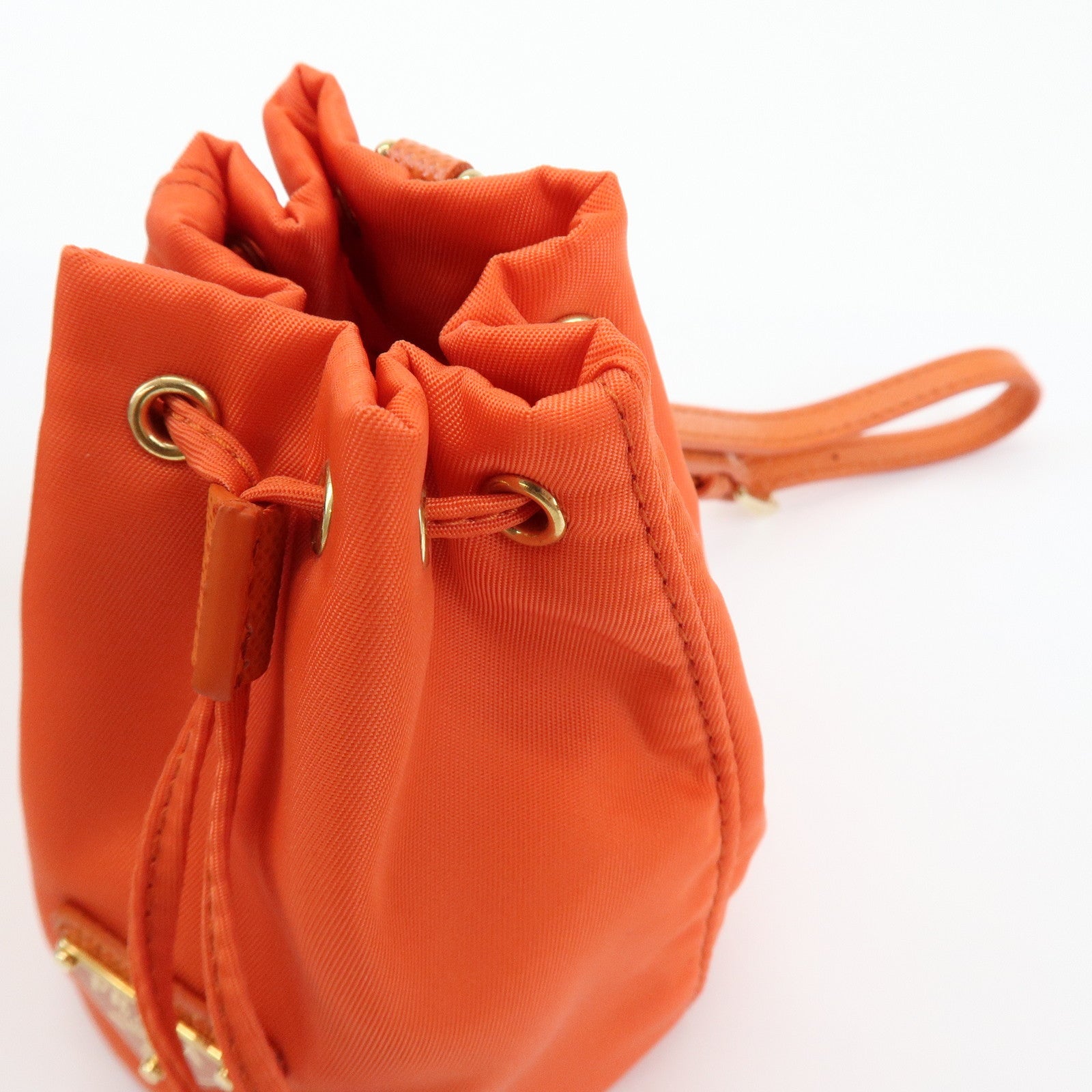 PRADA Triangle Logo Nylon Drawstring Wrist Bag Orange 1TT202