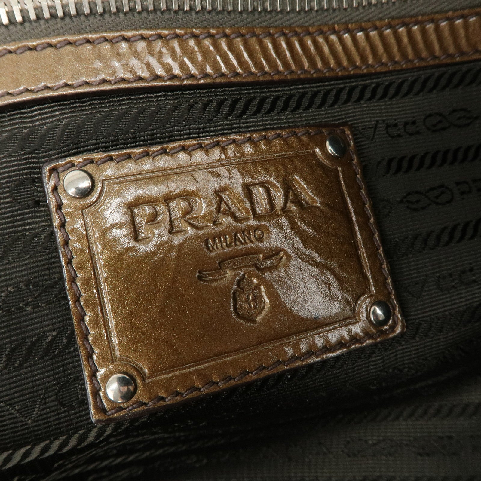 PRADA Logo Patent Leather Hand Bag Boston Bag Brown BL0555