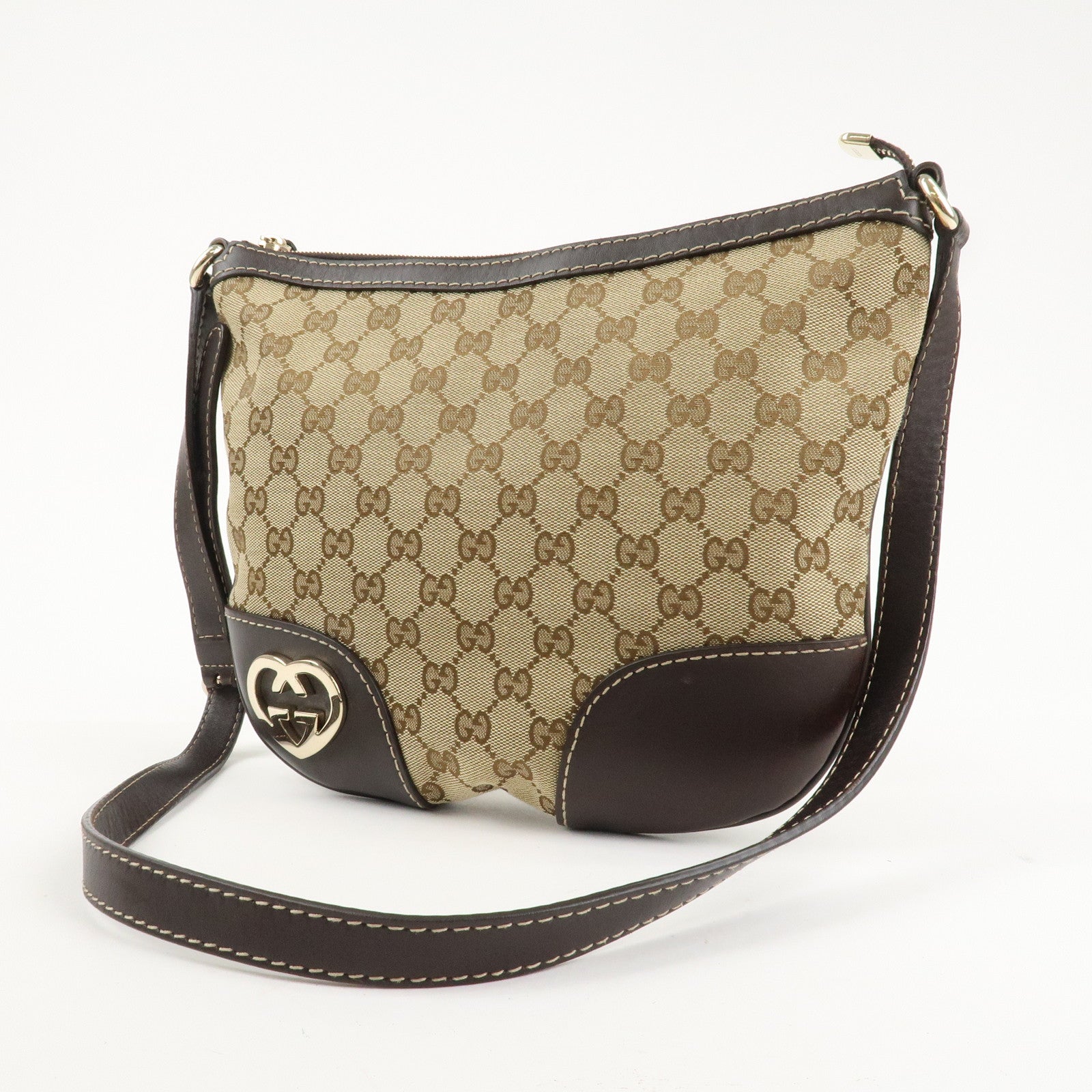 GUCCI Lovely Heart GG Canvas Leather Shoulder Bag Brown 257072 Used