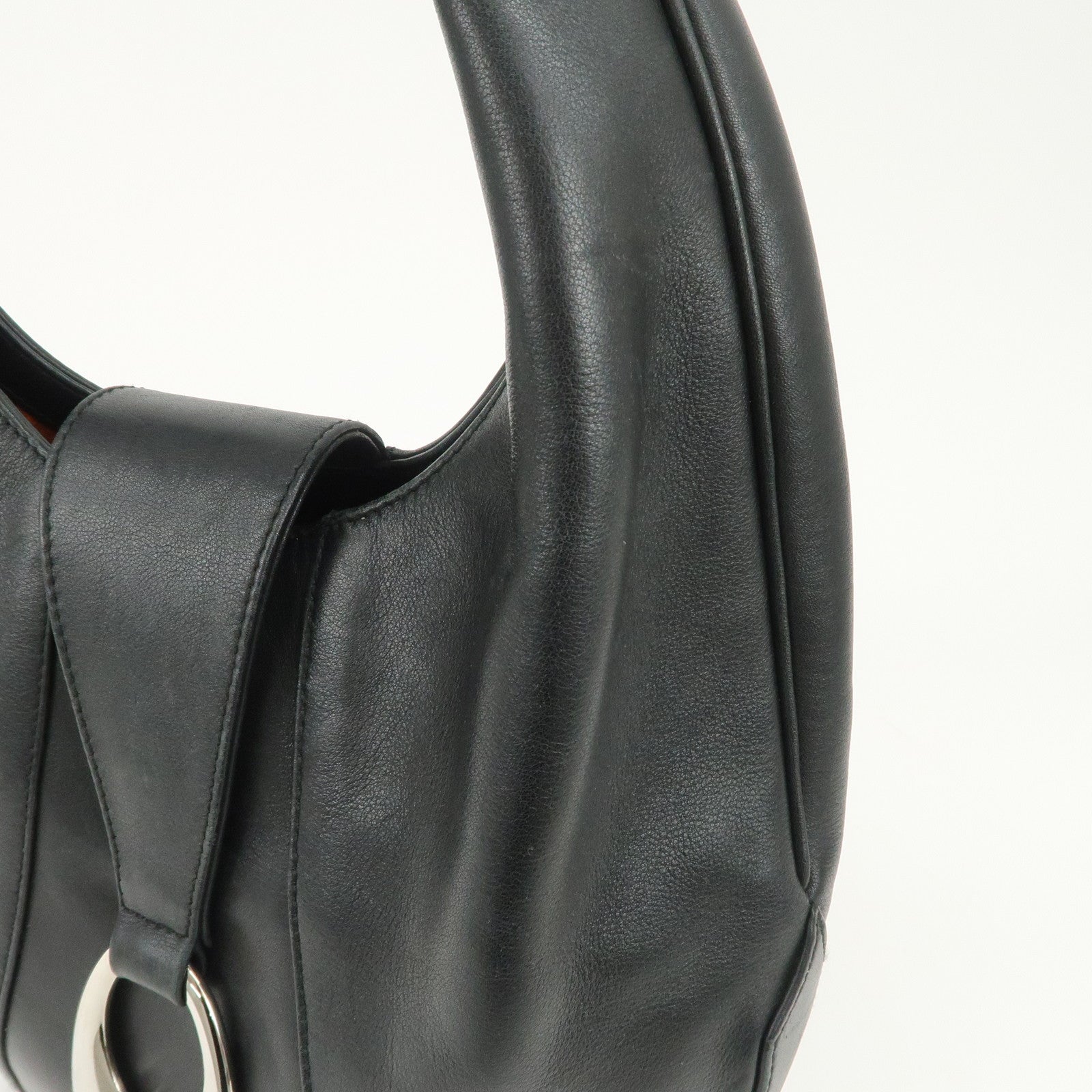 BVLGARI Leather Shoulder Bag Hand Bag Black Silver