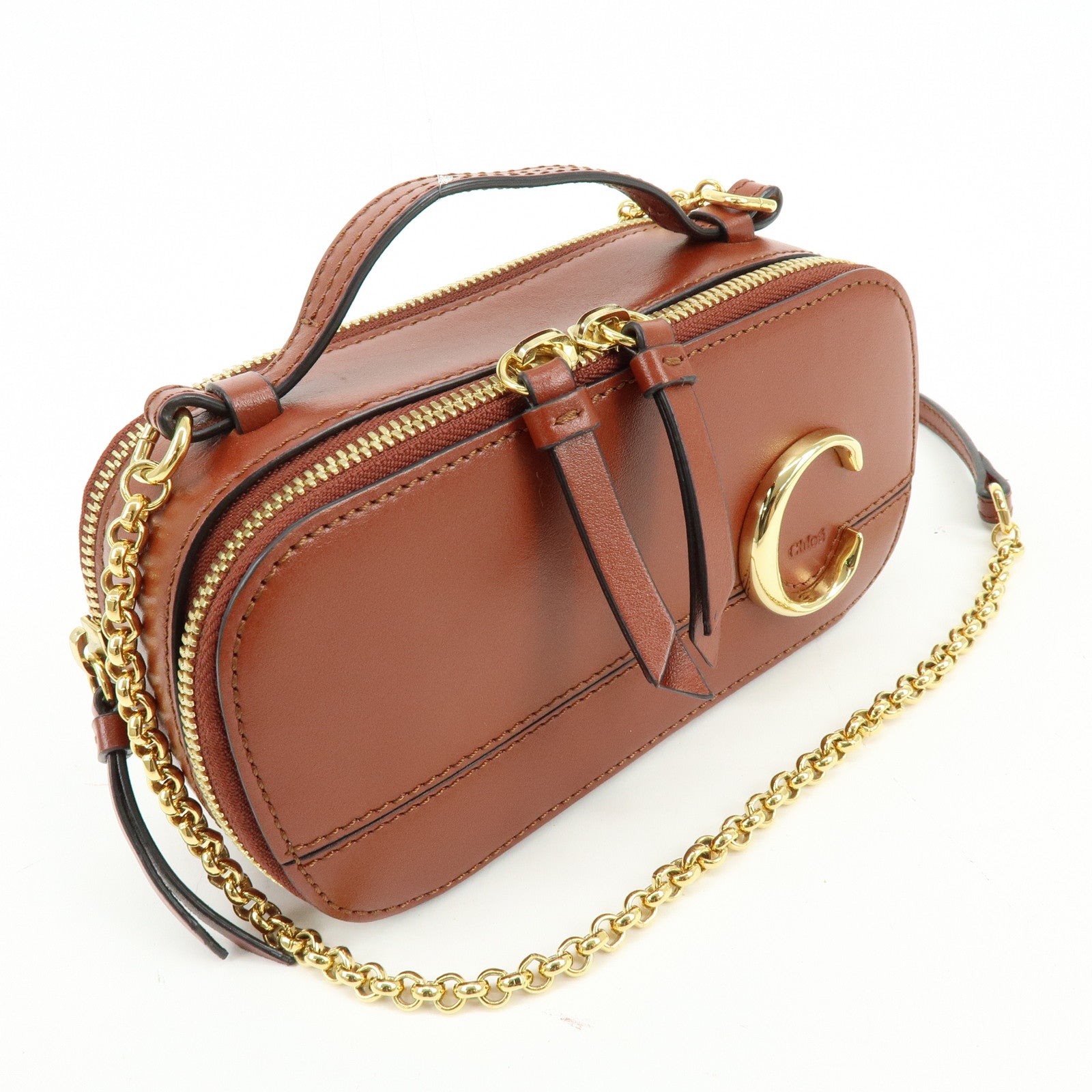 Chloe Leather 2Way Chain Shoulder Bag Mini Vanity Bag Brown